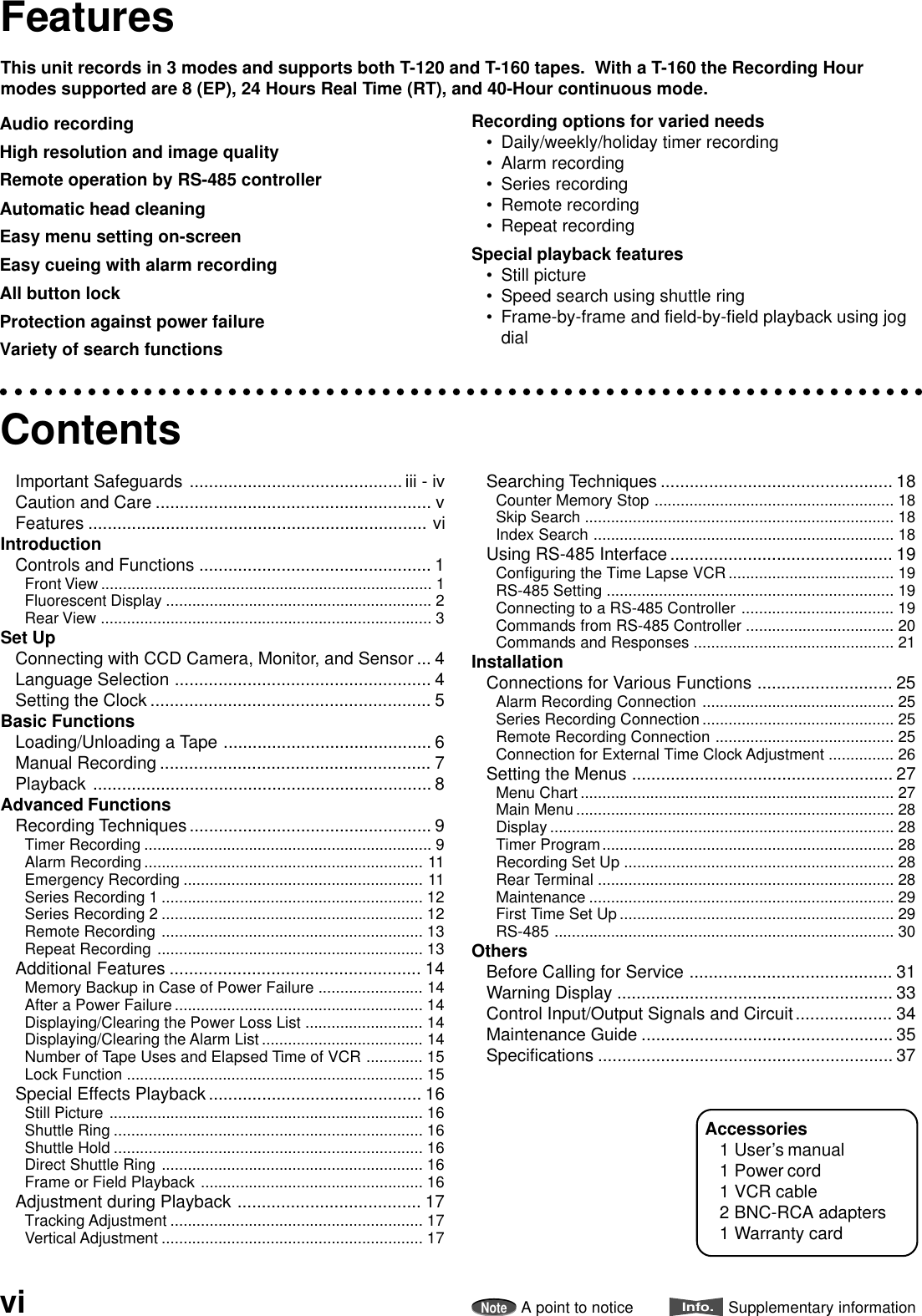 FeaturesThis unit records in 3 modes and supports both T-120 and T-160 tapes.  With a T-160 the Recording Hourmodes supported are 8 (EP), 24 Hours Real Time (RT), and 40-Hour continuous mode.ContentsImportant Safeguards ............................................iii - ivCaution and Care ......................................................... vFeatures ...................................................................... viIntroductionControls and Functions ................................................ 1Front View............................................................................ 1Fluorescent Display ............................................................. 2Rear View ............................................................................ 3Set UpConnecting with CCD Camera, Monitor, and Sensor ... 4Language Selection ..................................................... 4Setting the Clock .......................................................... 5Basic FunctionsLoading/Unloading a Tape ........................................... 6Manual Recording ........................................................ 7Playback ...................................................................... 8Advanced FunctionsRecording Techniques.................................................. 9Timer Recording .................................................................. 9Alarm Recording ................................................................ 11Emergency Recording ....................................................... 11Series Recording 1 ............................................................ 12Series Recording 2 ............................................................ 12Remote Recording ............................................................ 13Repeat Recording ............................................................. 13Additional Features .................................................... 14Memory Backup in Case of Power Failure ........................ 14After a Power Failure ......................................................... 14Displaying/Clearing the Power Loss List ........................... 14Displaying/Clearing the Alarm List ..................................... 14Number of Tape Uses and Elapsed Time of VCR ............. 15Lock Function .................................................................... 15Special Effects Playback............................................ 16Still Picture ........................................................................ 16Shuttle Ring ....................................................................... 16Shuttle Hold ....................................................................... 16Direct Shuttle Ring ............................................................ 16Frame or Field Playback ................................................... 16Adjustment during Playback ...................................... 17Tracking Adjustment .......................................................... 17Vertical Adjustment ............................................................ 17Searching Techniques ................................................ 18Counter Memory Stop ....................................................... 18Skip Search ....................................................................... 18Index Search ..................................................................... 18Using RS-485 Interface .............................................. 19Configuring the Time Lapse VCR ...................................... 19RS-485 Setting .................................................................. 19Connecting to a RS-485 Controller ................................... 19Commands from RS-485 Controller .................................. 20Commands and Responses .............................................. 21InstallationConnections for Various Functions ............................ 25Alarm Recording Connection ............................................ 25Series Recording Connection ............................................ 25Remote Recording Connection ......................................... 25Connection for External Time Clock Adjustment ............... 26Setting the Menus ...................................................... 27Menu Chart ........................................................................ 27Main Menu ......................................................................... 28Display ............................................................................... 28Timer Program................................................................... 28Recording Set Up .............................................................. 28Rear Terminal .................................................................... 28Maintenance ...................................................................... 29First Time Set Up ............................................................... 29RS-485 .............................................................................. 30OthersBefore Calling for Service .......................................... 31Warning Display ......................................................... 33Control Input/Output Signals and Circuit.................... 34Maintenance Guide .................................................... 35Specifications ............................................................. 37Audio recordingHigh resolution and image qualityRemote operation by RS-485 controllerAutomatic head cleaningEasy menu setting on-screenEasy cueing with alarm recordingAll button lockProtection against power failureVariety of search functionsRecording options for varied needs• Daily/weekly/holiday timer recording• Alarm recording• Series recording• Remote recording• Repeat recordingSpecial playback features• Still picture• Speed search using shuttle ring• Frame-by-frame and field-by-field playback using jogdialAccessories1 User’s manual1 Power cord1 VCR cable2 BNC-RCA adapters1 Warranty cardviNoteA point to noticeInfo.Supplementary information