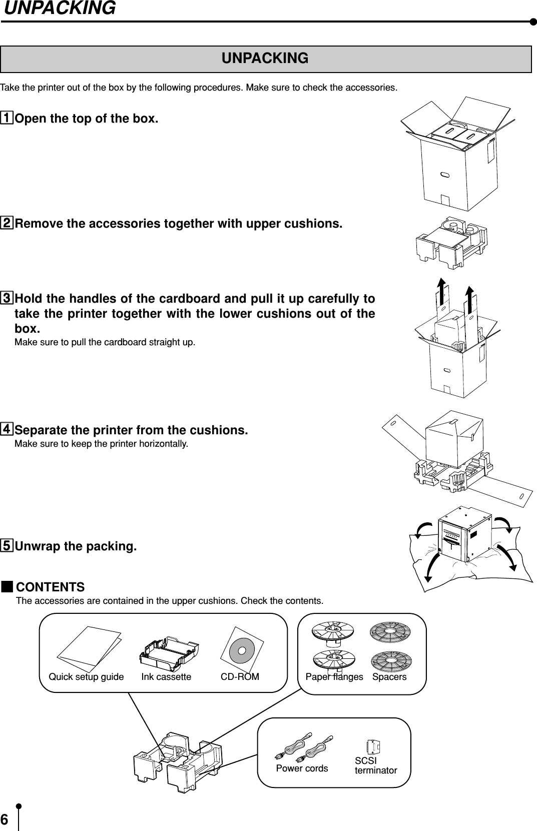 6UNPACKINGUNPACKINGTake the printer out of the box by the following procedures. Make sure to check the accessories.Open the top of the box.Remove the accessories together with upper cushions.Hold the handles of the cardboard and pull it up carefully totake the printer together with the lower cushions out of thebox.Make sure to pull the cardboard straight up.Separate the printer from the cushions.Make sure to keep the printer horizontally.Unwrap the packing.CONTENTSThe accessories are contained in the upper cushions. Check the contents.Quick setup guide Ink cassette CD-ROM Paper flanges SpacersPower cords SCSIterminator