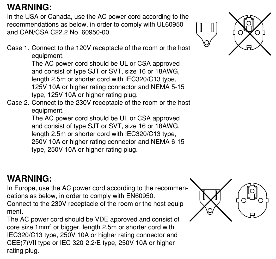 WARNING:In the USA or Canada, use the AC power cord according to therecommendations as below, in order to comply with UL60950and CAN/CSA C22.2 No. 60950-00.Case 1. Connect to the 120V receptacle of the room or the hostequipment.The AC power cord should be UL or CSA approvedand consist of type SJT or SVT, size 16 or 18AWG,length 2.5m or shorter cord with IEC320/C13 type,125V 10A or higher rating connector and NEMA 5-15type, 125V 10A or higher rating plug.Case 2. Connect to the 230V receptacle of the room or the hostequipment.The AC power cord should be UL or CSA approvedand consist of type SJT or SVT, size 16 or 18AWG,length 2.5m or shorter cord with IEC320/C13 type,250V 10A or higher rating connector and NEMA 6-15type, 250V 10A or higher rating plug.WARNING:In Europe, use the AC power cord according to the recommen-dations as below, in order to comply with EN60950.Connect to the 230V receptacle of the room or the host equip-ment.The AC power cord should be VDE approved and consist ofcore size 1mm2 or bigger, length 2.5m or shorter cord withIEC320/C13 type, 250V 10A or higher rating connector andCEE(7)VII type or IEC 320-2.2/E type, 250V 10A or higherrating plug.