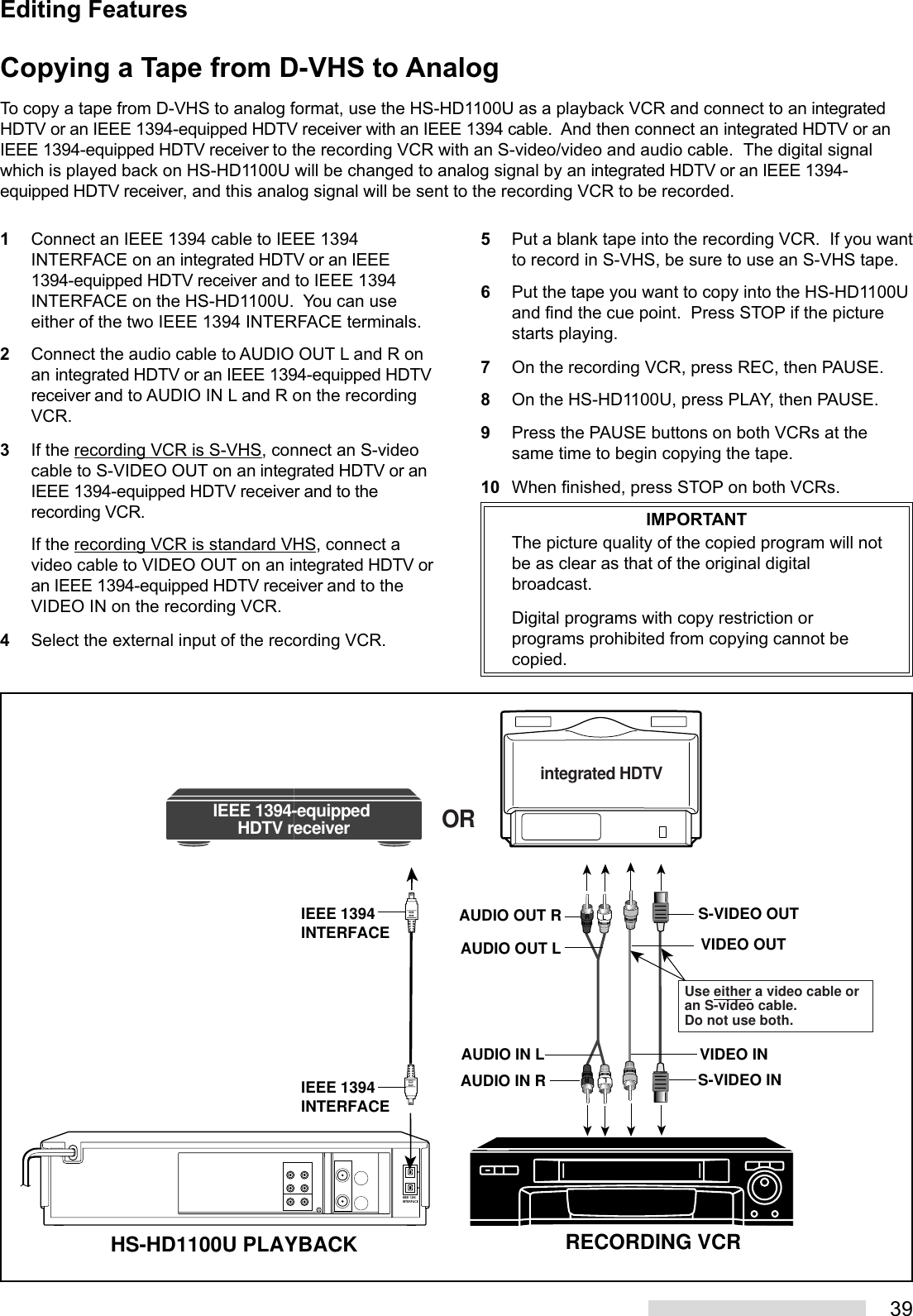 39Editing FeaturesIEEE 1394-equipped HDTV receiverintegrated HDTVORIEEE 1394INTERFACEHS-HD1100U PLAYBACK RECORDING VCRIEEE 1394INTERFACEIEEE 1394INTERFACELRLAUDIO OUT LAUDIO OUT RAUDIO IN RAUDIO IN L VIDEO INS-VIDEO INVIDEO OUTS-VIDEO OUTRUse either a video cable or an S-video cable.Do not use both.Copying a Tape from D-VHS to AnalogTo copy a tape from D-VHS to analog format, use the HS-HD1100U as a playback VCR and connect to an integratedHDTV or an IEEE 1394-equipped HDTV receiver with an IEEE 1394 cable.  And then connect an integrated HDTV or anIEEE 1394-equipped HDTV receiver to the recording VCR with an S-video/video and audio cable.  The digital signalwhich is played back on HS-HD1100U will be changed to analog signal by an integrated HDTV or an IEEE 1394-equipped HDTV receiver, and this analog signal will be sent to the recording VCR to be recorded.1Connect an IEEE 1394 cable to IEEE 1394INTERFACE on an integrated HDTV or an IEEE1394-equipped HDTV receiver and to IEEE 1394INTERFACE on the HS-HD1100U.  You can useeither of the two IEEE 1394 INTERFACE terminals.2Connect the audio cable to AUDIO OUT L and R onan integrated HDTV or an IEEE 1394-equipped HDTVreceiver and to AUDIO IN L and R on the recordingVCR.3If the recording VCR is S-VHS, connect an S-videocable to S-VIDEO OUT on an integrated HDTV or anIEEE 1394-equipped HDTV receiver and to therecording VCR.If the recording VCR is standard VHS, connect avideo cable to VIDEO OUT on an integrated HDTV oran IEEE 1394-equipped HDTV receiver and to theVIDEO IN on the recording VCR.4Select the external input of the recording VCR.5Put a blank tape into the recording VCR.  If you wantto record in S-VHS, be sure to use an S-VHS tape.6Put the tape you want to copy into the HS-HD1100Uand find the cue point.  Press STOP if the picturestarts playing.7On the recording VCR, press REC, then PAUSE.8On the HS-HD1100U, press PLAY, then PAUSE.9Press the PAUSE buttons on both VCRs at thesame time to begin copying the tape.10 When finished, press STOP on both VCRs.IMPORTANTThe picture quality of the copied program will notbe as clear as that of the original digitalbroadcast.Digital programs with copy restriction orprograms prohibited from copying cannot becopied.