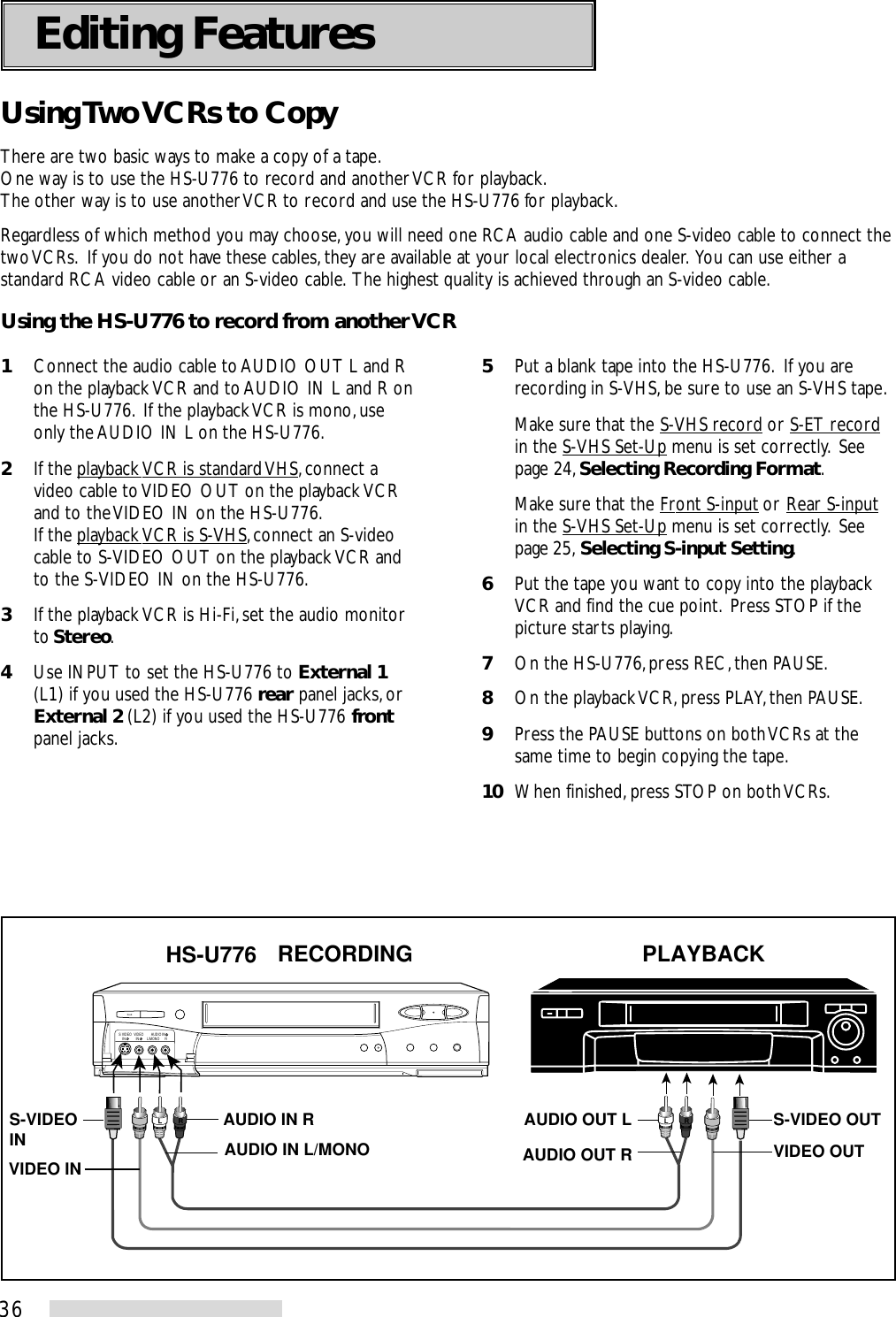 36Editing FeaturesUsing Two VCRs to CopyThere are two basic ways to make a copy of a tape.One way is to use the HS-U776 to record and another VCR for playback.The other way is to use another VCR to record and use the HS-U776 for playback.Regardless of which method you may choose, you will need one RCA audio cable and one S-video cable to connect thetwo VCRs.  If you do not have these cables, they are available at your local electronics dealer.  You can use either astandard RCA video cable or an S-video cable.  The highest quality is achieved through an S-video cable.RVIDEOIN   S VIDEOIN    L/MONOAUDIO INLRLRAUDIO IN RAUDIO IN L/MONO AUDIO OUT LAUDIO OUT R VIDEO OUTS-VIDEO OUTVIDEO INRECORDING PLAYBACKHS-U776S-VIDEO INUsing the HS-U776 to record from another VCR1Connect the audio cable to AUDIO OUT L and Ron the playback VCR and to AUDIO IN L and R onthe HS-U776.  If the playback VCR is mono, useonly the AUDIO IN L on the HS-U776.2If the playback VCR is standard VHS, connect avideo cable to VIDEO OUT on the playback VCRand to the VIDEO IN on the HS-U776.If the playback VCR is S-VHS, connect an S-videocable to S-VIDEO OUT on the playback VCR andto the S-VIDEO IN on the HS-U776.3If the playback VCR is Hi-Fi, set the audio monitorto Stereo.4Use INPUT to set the HS-U776 to External 1(L1) if you used the HS-U776 rear panel jacks, orExternal 2 (L2) if you used the HS-U776 frontpanel jacks.5Put a blank tape into the HS-U776.  If you arerecording in S-VHS, be sure to use an S-VHS tape.Make sure that the S-VHS record or S-ET recordin the S-VHS Set-Up menu is set correctly.  Seepage 24, Selecting Recording Format.Make sure that the Front S-input or Rear S-inputin the S-VHS Set-Up menu is set correctly.  Seepage 25, Selecting S-input Setting.6Put the tape you want to copy into the playbackVCR and find the cue point.  Press STOP if thepicture starts playing.7On the HS-U776, press REC, then PAUSE.8On the playback VCR, press PLAY, then PAUSE.9Press the PAUSE buttons on both VCRs at thesame time to begin copying the tape.10 When finished, press STOP on both VCRs.