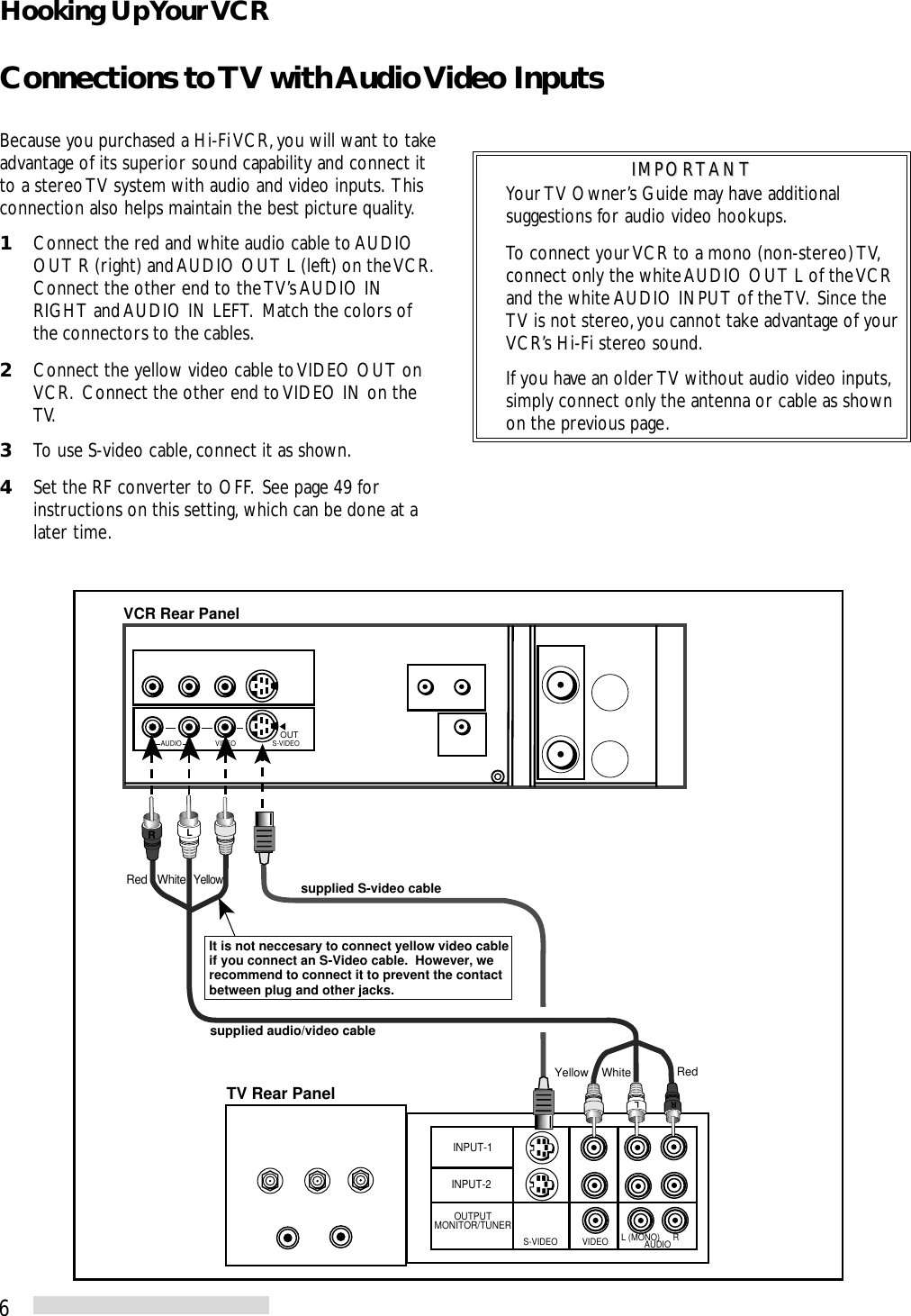 6IMPORTANTIMPORTANTYour TV Owner’s Guide may have additionalsuggestions for audio video hookups.To connect your VCR to a mono (non-stereo) TV,connect only the white AUDIO OUT L of the VCRand the white AUDIO INPUT of the TV.  Since theTV is not stereo, you cannot take advantage of yourVCR’s Hi-Fi stereo sound.If you have an older TV without audio video inputs,simply connect only the antenna or cable as shownon the previous page.Connections to TV with Audio Video InputsINPUT-1INPUT-2OUTPUTMONITOR/TUNERS-VIDEO VIDEO L (MONO) RAUDIOVIDEO S-VIDEOOUTAUDIORLLRLRRWhite RedYellowsupplied audio/video cablesupplied S-video cableWhiteRedYellowTV Rear PanelVCR Rear PanelIt is not neccesary to connect yellow video cable if you connect an S-Video cable.  However, we recommend to connect it to prevent the contact between plug and other jacks. Because you purchased a Hi-Fi VCR, you will want to takeadvantage of its superior sound capability and connect itto a stereo TV system with audio and video inputs.  Thisconnection also helps maintain the best picture quality.1Connect the red and white audio cable to AUDIOOUT R (right) and AUDIO OUT L (left) on the VCR.Connect the other end to the TV’s AUDIO INRIGHT and AUDIO IN LEFT.  Match the colors ofthe connectors to the cables.2Connect the yellow video cable to VIDEO OUT onVCR.  Connect the other end to VIDEO IN on theTV.3To use S-video cable, connect it as shown.4Set the RF converter to OFF.  See page 49 forinstructions on this setting, which can be done at alater time.Hooking Up Your VCR