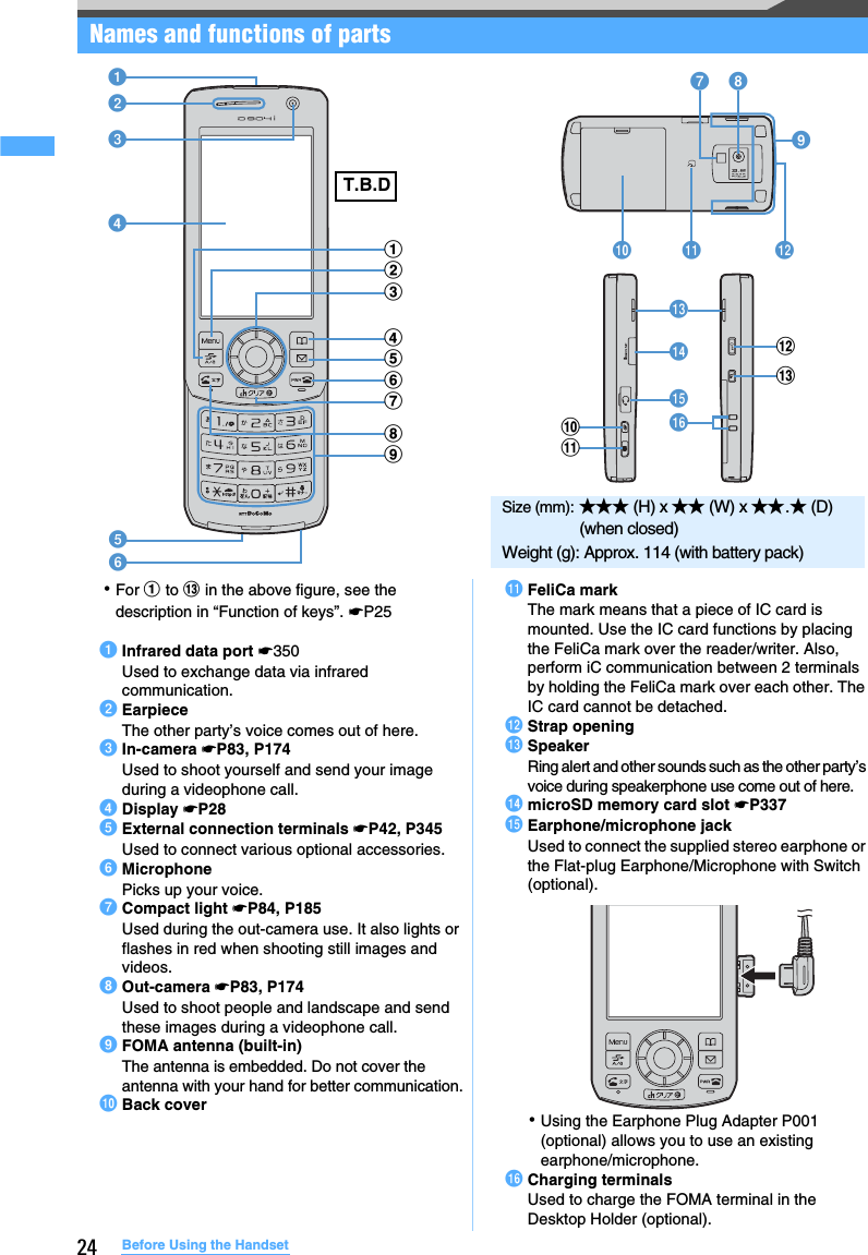 24 Before Using the HandsetNames and functions of parts･For a to m in the above figure, see the description in “Function of keys”. ☛P25aInfrared data port ☛350Used to exchange data via infrared communication.bEarpieceThe other party’s voice comes out of here.cIn-camera ☛P83, P174 Used to shoot yourself and send your image during a videophone call.dDisplay ☛P28eExternal connection terminals ☛P42, P345Used to connect various optional accessories.fMicrophonePicks up your voice.gCompact light ☛P84, P185Used during the out-camera use. It also lights or flashes in red when shooting still images and videos.hOut-camera ☛P83, P174Used to shoot people and landscape and send these images during a videophone call.iFOMA antenna (built-in)The antenna is embedded. Do not cover the antenna with your hand for better communication.jBack coverkFeliCa markThe mark means that a piece of IC card is mounted. Use the IC card functions by placing the FeliCa mark over the reader/writer. Also, perform iC communication between 2 terminals by holding the FeliCa mark over each other. The IC card cannot be detached.lStrap openingmSpeakerRing alert and other sounds such as the other party’s voice during speakerphone use come out of here.nmicroSD memory card slot ☛P337oEarphone/microphone jackUsed to connect the supplied stereo earphone or the Flat-plug Earphone/Microphone with Switch (optional).･Using the Earphone Plug Adapter P001 (optional) allows you to use an existing earphone/microphone.pCharging terminalsUsed to charge the FOMA terminal in the Desktop Holder (optional).jkgilhmojknplmSize (mm): ★★★ (H) x ★★ (W) x ★★.★ (D) (when closed)Weight (g): Approx. 114 (with battery pack)efbdacdefighcbaT.B.D