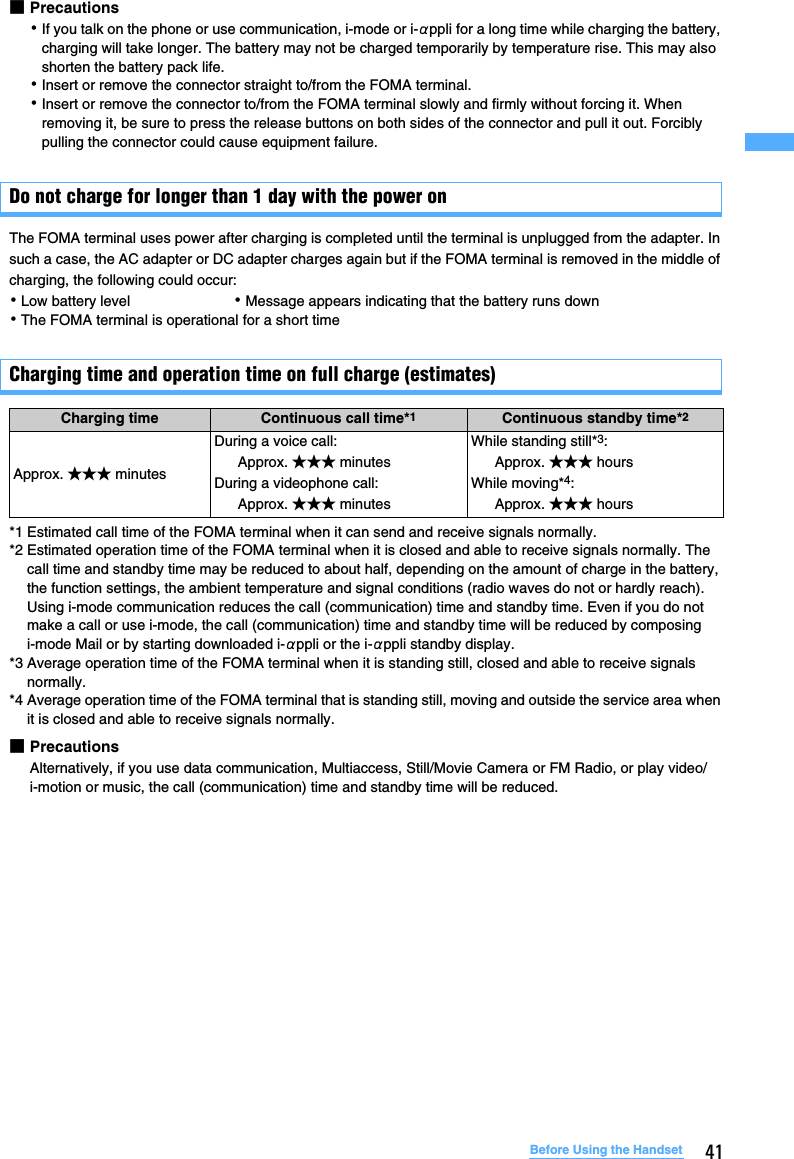 41Before Using the Handset■Precautions･If you talk on the phone or use communication, i-mode or i-αppli for a long time while charging the battery, charging will take longer. The battery may not be charged temporarily by temperature rise. This may also shorten the battery pack life.･Insert or remove the connector straight to/from the FOMA terminal.･Insert or remove the connector to/from the FOMA terminal slowly and firmly without forcing it. When removing it, be sure to press the release buttons on both sides of the connector and pull it out. Forcibly pulling the connector could cause equipment failure.Do not charge for longer than 1 day with the power onThe FOMA terminal uses power after charging is completed until the terminal is unplugged from the adapter. In such a case, the AC adapter or DC adapter charges again but if the FOMA terminal is removed in the middle of charging, the following could occur:･Low battery level ･Message appears indicating that the battery runs down･The FOMA terminal is operational for a short timeCharging time and operation time on full charge (estimates)*1 Estimated call time of the FOMA terminal when it can send and receive signals normally.*2 Estimated operation time of the FOMA terminal when it is closed and able to receive signals normally. The call time and standby time may be reduced to about half, depending on the amount of charge in the battery, the function settings, the ambient temperature and signal conditions (radio waves do not or hardly reach). Using i-mode communication reduces the call (communication) time and standby time. Even if you do not make a call or use i-mode, the call (communication) time and standby time will be reduced by composing i-mode Mail or by starting downloaded i-αppli or the i-αppli standby display.*3 Average operation time of the FOMA terminal when it is standing still, closed and able to receive signals normally.*4 Average operation time of the FOMA terminal that is standing still, moving and outside the service area when it is closed and able to receive signals normally.■PrecautionsAlternatively, if you use data communication, Multiaccess, Still/Movie Camera or FM Radio, or play video/i-motion or music, the call (communication) time and standby time will be reduced.Charging time Continuous call time*1Continuous standby time*2Approx. ★★★ minutesDuring a voice call: Approx. ★★★ minutesDuring a videophone call: Approx. ★★★ minutesWhile standing still*3: Approx. ★★★ hoursWhile moving*4: Approx. ★★★ hours