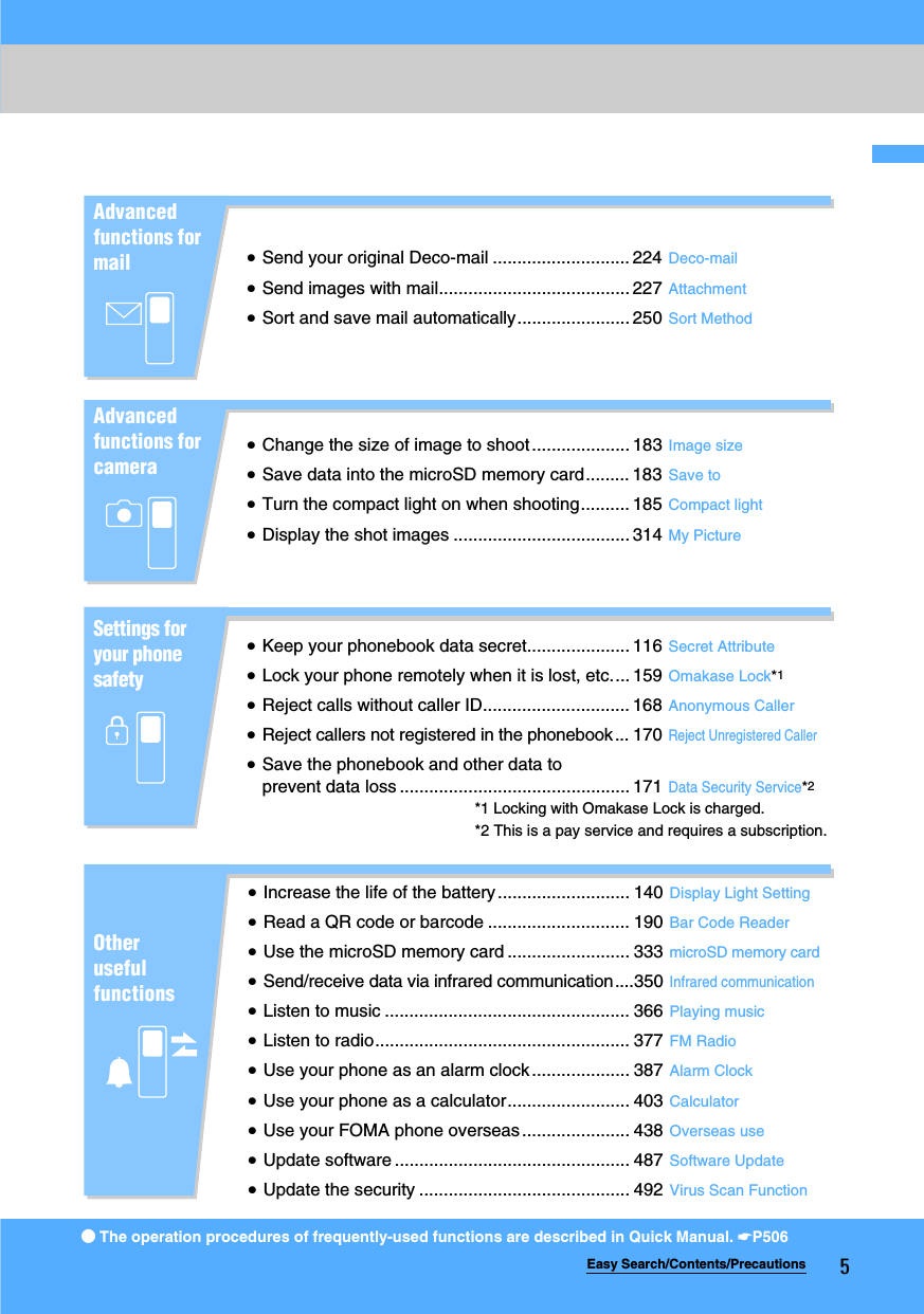 5Easy Search/Contents/Precautions●The operation procedures of frequently-used functions are described in Quick Manual. ☛P506Advanced functions for mail xSend your original Deco-mail ............................ 224 Deco-mailxSend images with mail....................................... 227 AttachmentxSort and save mail automatically....................... 250 Sort MethodAdvanced functions for cameraxChange the size of image to shoot .................... 183 Image sizexSave data into the microSD memory card......... 183 Save toxTurn the compact light on when shooting.......... 185 Compact lightxDisplay the shot images .................................... 314 My PictureSettings for your phone safetyxKeep your phonebook data secret..................... 116 Secret AttributexLock your phone remotely when it is lost, etc.... 159 Omakase Lock*1 xReject calls without caller ID.............................. 168 Anonymous CallerxReject callers not registered in the phonebook... 170Reject Unregistered CallerxSave the phonebook and other data to prevent data loss ............................................... 171Data Security Service*2*1 Locking with Omakase Lock is charged.*2 This is a pay service and requires a subscription.Other useful functionsxIncrease the life of the battery ........................... 140 Display Light SettingxRead a QR code or barcode ............................. 190 Bar Code ReaderxUse the microSD memory card ......................... 333 microSD memory cardxSend/receive data via infrared communication....350Infrared communicationxListen to music .................................................. 366 Playing musicxListen to radio.................................................... 377 FM RadioxUse your phone as an alarm clock .................... 387 Alarm ClockxUse your phone as a calculator......................... 403 CalculatorxUse your FOMA phone overseas...................... 438 Overseas usexUpdate software ................................................ 487 Software UpdatexUpdate the security ........................................... 492 Virus Scan Function