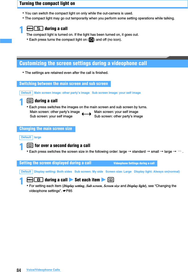 84 Voice/Videophone CallsTurning the compact light on･You can switch the compact light on only while the out-camera is used.･The compact light may go out temporarily when you perform some setting operations while talking.1m5 during a callThe compact light is turned on. If the light has been turned on, it goes out.･Each press turns the compact light on ( ) and off (no icon).Customizing the screen settings during a videophone call･The settings are retained even after the call is finished.1p during a call･Each press switches the images on the main screen and sub screen by turns.1p for over a second during a call･Each press switches the screen size in the following order: large → standard → small → large → .1m8 during a call z Set each item z p･For setting each item (Display setting, Sub screen, Screen size and Display light), see “Changing the videophone settings”. ☛P85Switching between the main screen and sub screenDefault Main screen image: other party’s image   Sub screen image: your self image Main screen: other party’s image Main screen: your self imageSub screen: your self image Sub screen: other party’s imageChanging the main screen sizeDefault large Setting the screen displayed during a call   Videophone Settings during a callDefault Display setting: Both sides   Sub screen: My side   Screen size: Large   Display light: Always on(normal) …