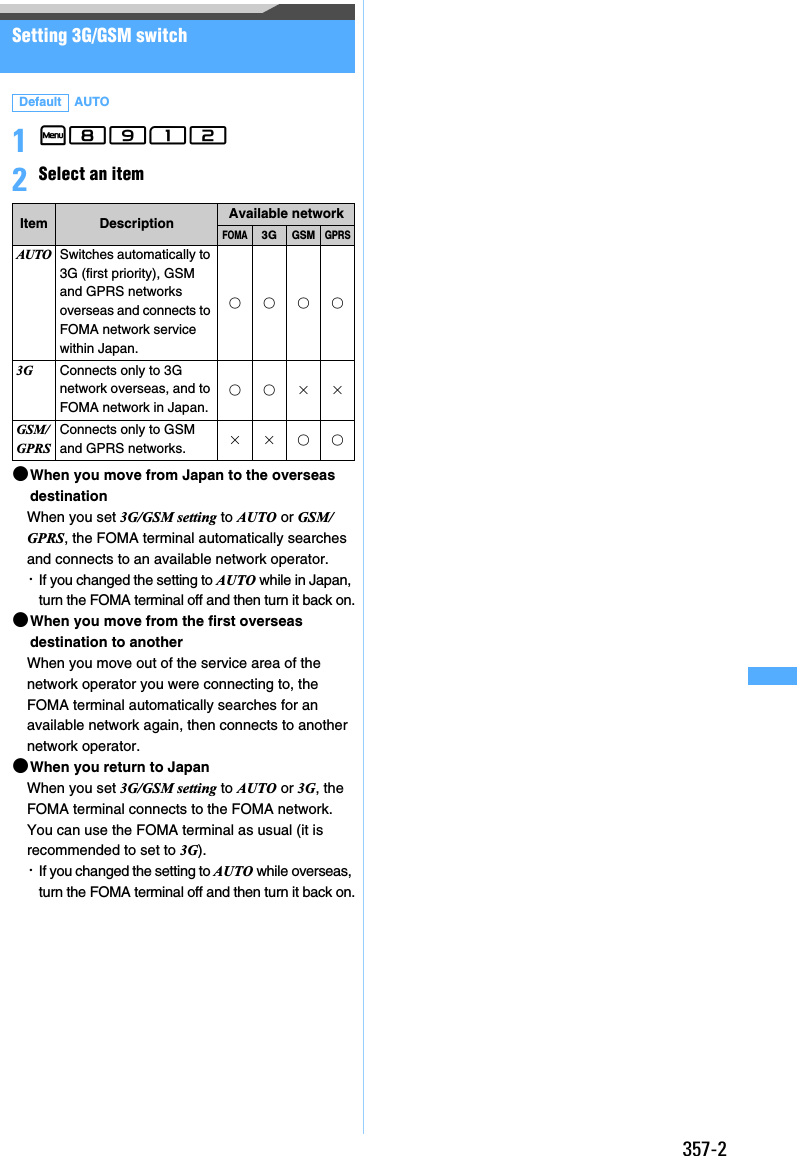 357-2Setting 3G/GSM switch1m8912 2Select an item●When you move from Japan to the overseas destinationWhen you set 3G/GSM setting to AUTO or GSM/GPRS, the FOMA terminal automatically searches and connects to an available network operator.･If you changed the setting to AUTO while in Japan, turn the FOMA terminal off and then turn it back on.●When you move from the first overseas destination to anotherWhen you move out of the service area of the network operator you were connecting to, the FOMA terminal automatically searches for an available network again, then connects to another network operator.●When you return to JapanWhen you set 3G/GSM setting to AUTO or 3G, the FOMA terminal connects to the FOMA network. You can use the FOMA terminal as usual (it is recommended to set to 3G).･If you changed the setting to AUTO while overseas, turn the FOMA terminal off and then turn it back on.Default AUTOItem Description Available networkFOMA3GGSMGPRSAUTOSwitches automatically to 3G (first priority), GSM and GPRS networks overseas and connects to FOMA network service within Japan.٤٤٤٤3G Connects only to 3G network overseas, and to FOMA network in Japan.٤٤GSM/GPRSConnects only to GSM and GPRS networks.٤٤