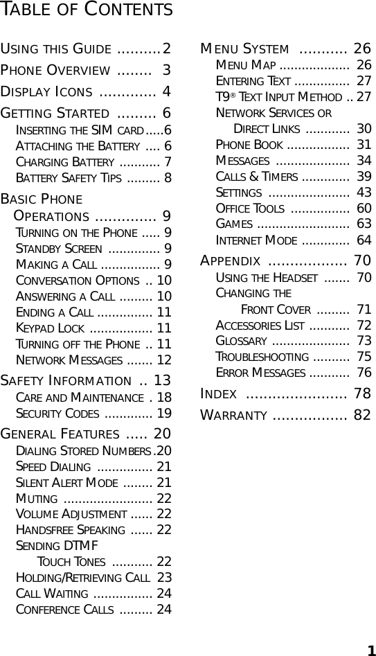 1TABLE OF CONTENTSUSING THIS GUIDE ..........2  PHONE OVERVIEW ........  3DISPLAY ICONS ............. 4GETTING STARTED ......... 6INSERTING THE SIM CARD.....6ATTACHING THE BATTERY .... 6CHARGING BATTERY ........... 7BATTERY SAFETY TIPS ......... 8BASIC PHONE    OPERATIONS .............. 9TURNING ON THE PHONE ..... 9STANDBY SCREEN .............. 9MAKING A CALL ................ 9CONVERSATION OPTIONS .. 10ANSWERING A CALL ......... 10ENDING A CALL ............... 11KEYPAD LOCK ................. 11TURNING OFF THE PHONE .. 11NETWORK MESSAGES ....... 12SAFETY INFORMATION .. 13CARE AND MAINTENANCE . 18SECURITY CODES ............. 19GENERAL FEATURES ..... 20DIALING STORED NUMBERS.20SPEED DIALING ............... 21SILENT ALERT MODE ........ 21MUTING ........................ 22VOLUME ADJUSTMENT ...... 22HANDSFREE SPEAKING ...... 22SENDING DTMF           TOUCH TONES ........... 22HOLDING/RETRIEVING CALL  23CALL WAITING ................ 24CONFERENCE CALLS ......... 24MENU SYSTEM ........... 26MENU MAP ...................  26ENTERING TEXT ...............  27T9® TEXT INPUT METHOD .. 27NETWORK SERVICES OR          DIRECT LINKS ............  30PHONE BOOK .................  31MESSAGES ....................  34CALLS &amp; TIMERS .............  39SETTINGS ......................  43OFFICE TOOLS ................  60GAMES .........................  63INTERNET MODE .............  64APPENDIX .................. 70USING THE HEADSET .......  70CHANGING THE            FRONT COVER .........  71ACCESSORIES LIST ...........  72GLOSSARY .....................  73TROUBLESHOOTING ..........  75ERROR MESSAGES ...........  76INDEX ....................... 78WARRANTY ................. 82