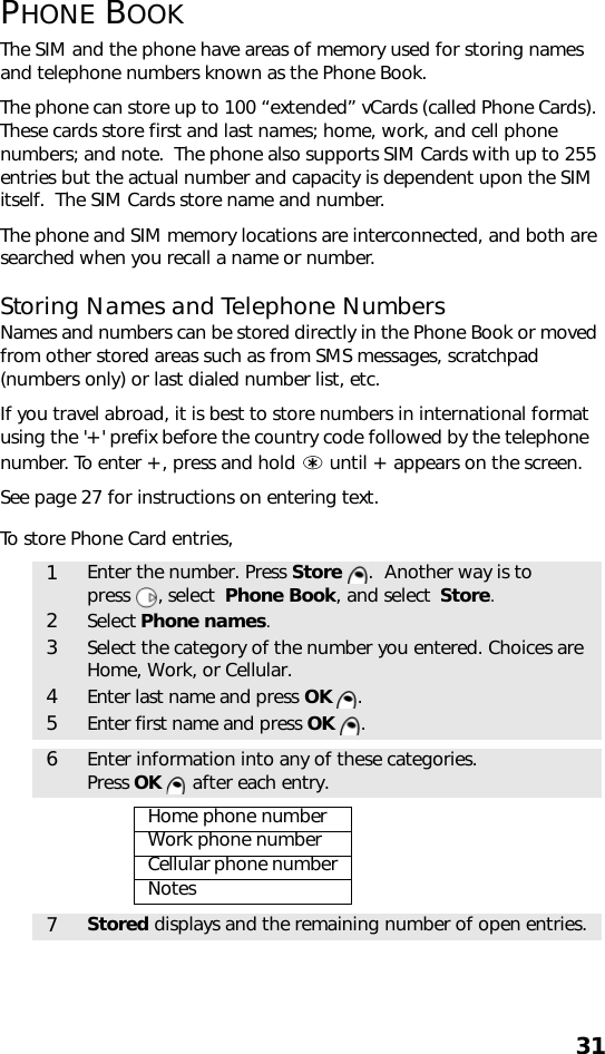 31PHONE BOOKThe SIM and the phone have areas of memory used for storing names and telephone numbers known as the Phone Book.The phone can store up to 100 “extended” vCards (called Phone Cards). These cards store first and last names; home, work, and cell phone numbers; and note.  The phone also supports SIM Cards with up to 255 entries but the actual number and capacity is dependent upon the SIM itself.  The SIM Cards store name and number.The phone and SIM memory locations are interconnected, and both are searched when you recall a name or number. Storing Names and Telephone NumbersNames and numbers can be stored directly in the Phone Book or moved from other stored areas such as from SMS messages, scratchpad (numbers only) or last dialed number list, etc.If you travel abroad, it is best to store numbers in international format using the &apos;+&apos; prefix before the country code followed by the telephone number. To enter +, press and hold   until + appears on the screen.See page 27 for instructions on entering text.To store Phone Card entries,  1Enter the number. Press Store  .  Another way is to press , select  Phone Book, and select  Store.2Select Phone names.3Select the category of the number you entered. Choices are Home, Work, or Cellular.4Enter last name and press OK .5Enter first name and press OK .6Enter information into any of these categories. Press OK   after each entry.Home phone numberWork phone numberCellular phone numberNotes7Stored displays and the remaining number of open entries.