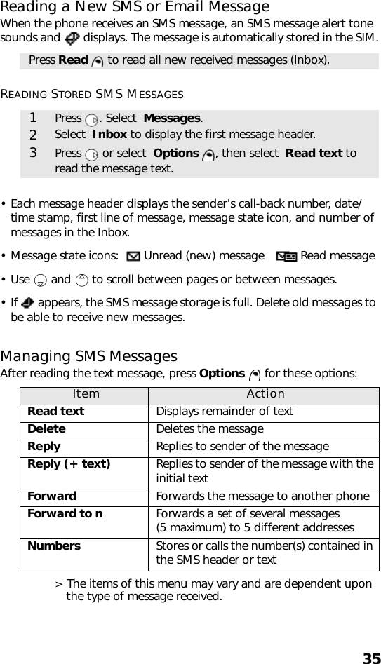 35Reading a New SMS or Email MessageWhen the phone receives an SMS message, an SMS message alert tone sounds and   displays. The message is automatically stored in the SIM.READING STORED SMS MESSAGES• Each message header displays the sender’s call-back number, date/time stamp, first line of message, message state icon, and number of messages in the Inbox.• Message state icons:    Unread (new) message     Read message• Use   and   to scroll between pages or between messages.• If   appears, the SMS message storage is full. Delete old messages to be able to receive new messages.Managing SMS MessagesAfter reading the text message, press Options   for these options:&gt; The items of this menu may vary and are dependent upon the type of message received.Press Read   to read all new received messages (Inbox).1Press . Select  Messages. 2Select  Inbox to display the first message header.3Press   or select  Options  , then select  Read text to read the message text.Item ActionRead text Displays remainder of textDelete Deletes the messageReply Replies to sender of the messageReply (+ text) Replies to sender of the message with the initial textForward Forwards the message to another phoneForward to n Forwards a set of several messages (5 maximum) to 5 different addressesNumbers Stores or calls the number(s) contained in the SMS header or text