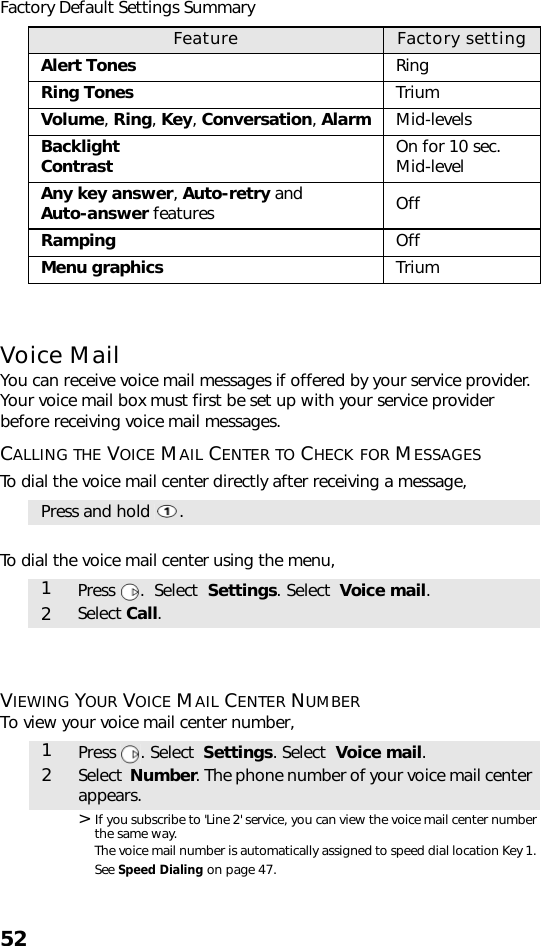 52Factory Default Settings SummaryVoice MailYou can receive voice mail messages if offered by your service provider. Your voice mail box must first be set up with your service provider before receiving voice mail messages.CALLING THE VOICE MAIL CENTER TO CHECK FOR MESSAGESTo dial the voice mail center directly after receiving a message,To dial the voice mail center using the menu, VIEWING YOUR VOICE MAIL CENTER NUMBERTo view your voice mail center number, &gt; If you subscribe to &apos;Line 2&apos; service, you can view the voice mail center number the same way.The voice mail number is automatically assigned to speed dial location Key 1. See Speed Dialing on page 47.Feature Factory settingAlert Tones RingRing Tones TriumVolume, Ring, Key, Conversation, Alarm Mid-levelsBacklightContrast On for 10 sec. Mid-levelAny key answer, Auto-retry and Auto-answer features OffRamping OffMenu graphics TriumPress and hold  .1Press  .  Select  Settings. Select  Voice mail.2Select Call.1Press . Select  Settings. Select  Voice mail.2Select  Number. The phone number of your voice mail center appears.