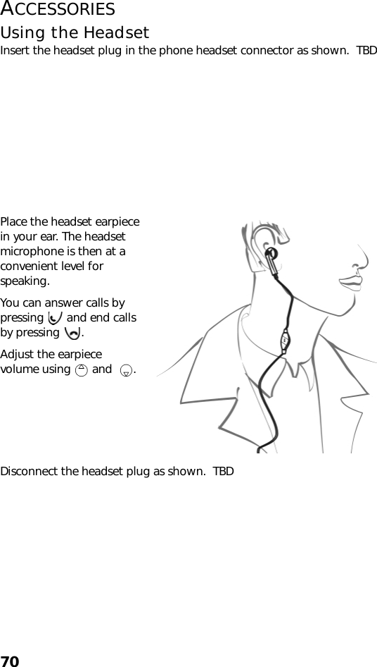 70ACCESSORIESUsing the HeadsetInsert the headset plug in the phone headset connector as shown.  TBDPlace the headset earpiece in your ear. The headset microphone is then at a convenient level for speaking. You can answer calls by pressing   and end calls by pressing  . Adjust the earpiece volume using   and   .Disconnect the headset plug as shown.  TBD