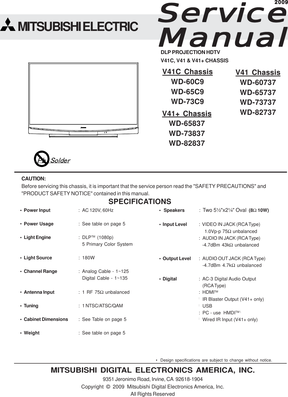 Mitsubishi Electronics Digital Projection Television Wd 60737 Users