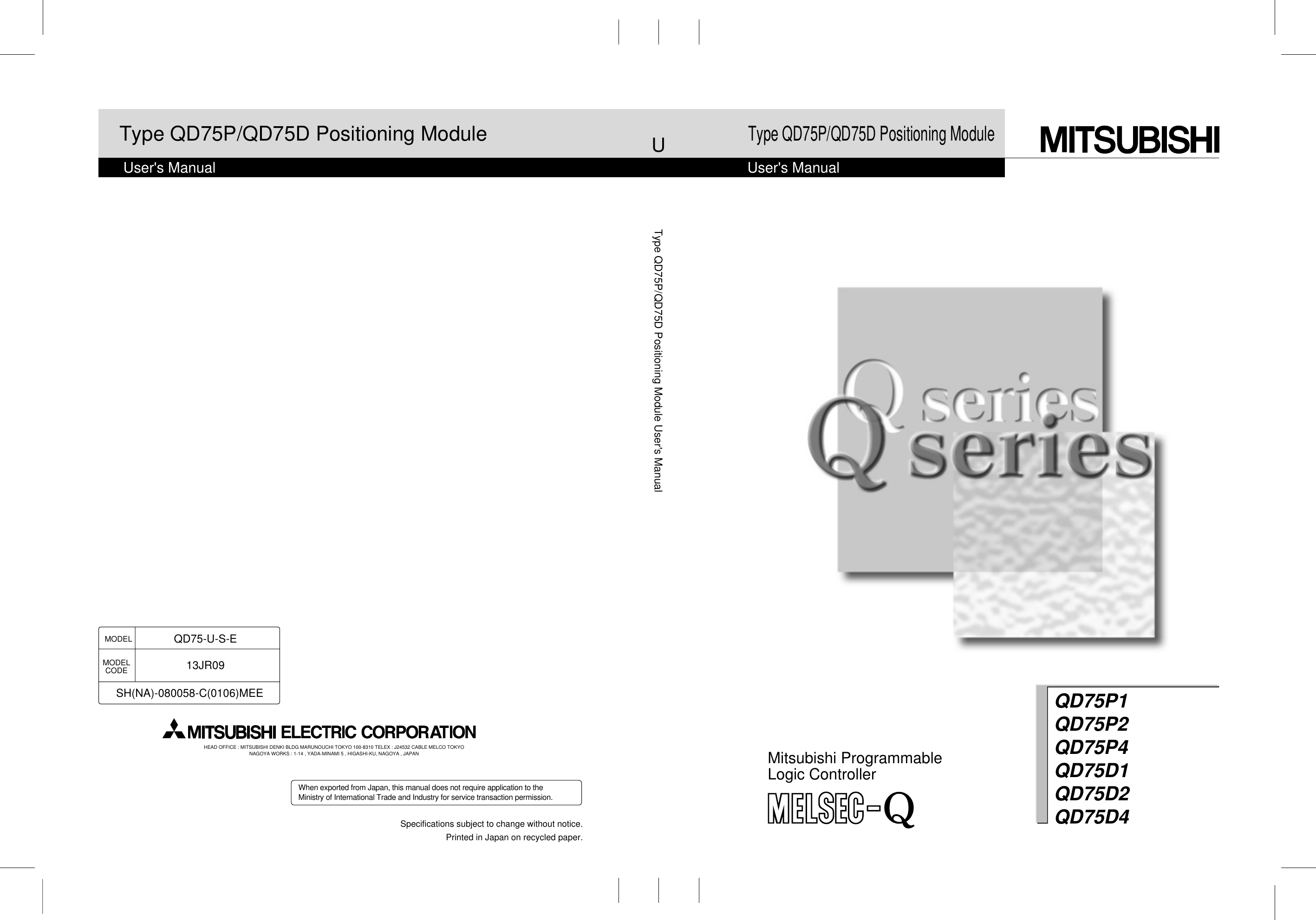 Mitsubishi Electronics Programmable Logic Controller Qd75D Users Manual
