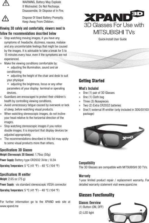 Page 1 of 2 - Mitsubishi-Electronics Mitsubishi-Electronics-Mitsubishi-Xpand-3D-Glasses-3Dgex103-Users-Manual-  Mitsubishi-electronics-mitsubishi-xpand-3d-glasses-3dgex103-users-manual