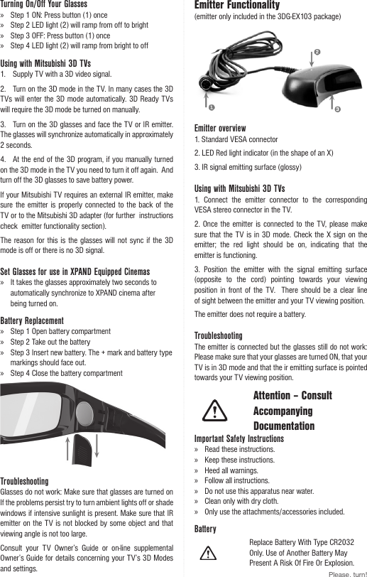 Page 2 of 2 - Mitsubishi-Electronics Mitsubishi-Electronics-Mitsubishi-Xpand-3D-Glasses-3Dgex103-Users-Manual-  Mitsubishi-electronics-mitsubishi-xpand-3d-glasses-3dgex103-users-manual