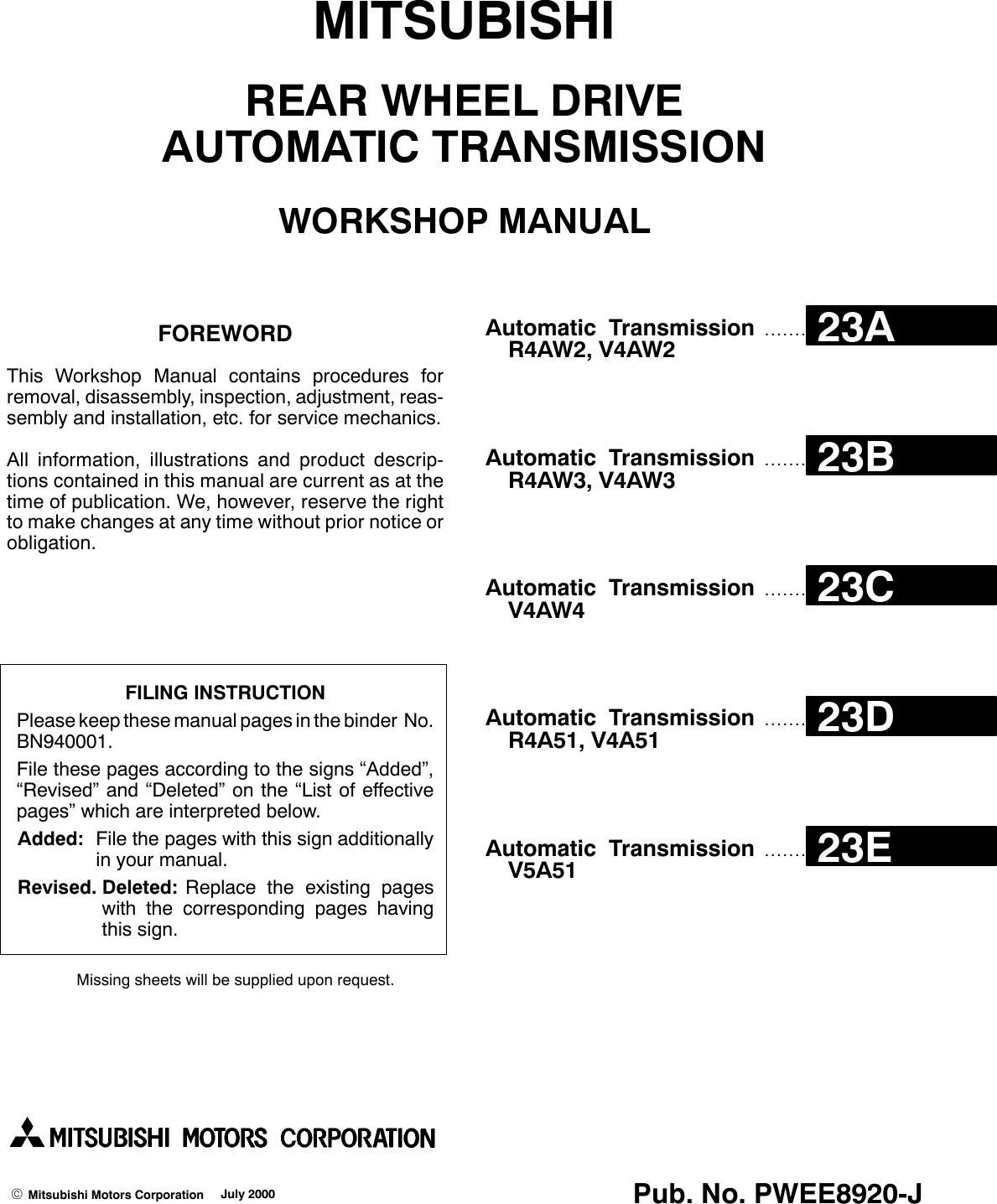 Page 1 of 6 - Mitsubishi Mitsubishi-Mitsubishi-Motors-Automobile-Parts-Aw372-Users-Manual- TRANSMISSION Workshop Manual FR A/T (W-E)  Mitsubishi-mitsubishi-motors-automobile-parts-aw372-users-manual