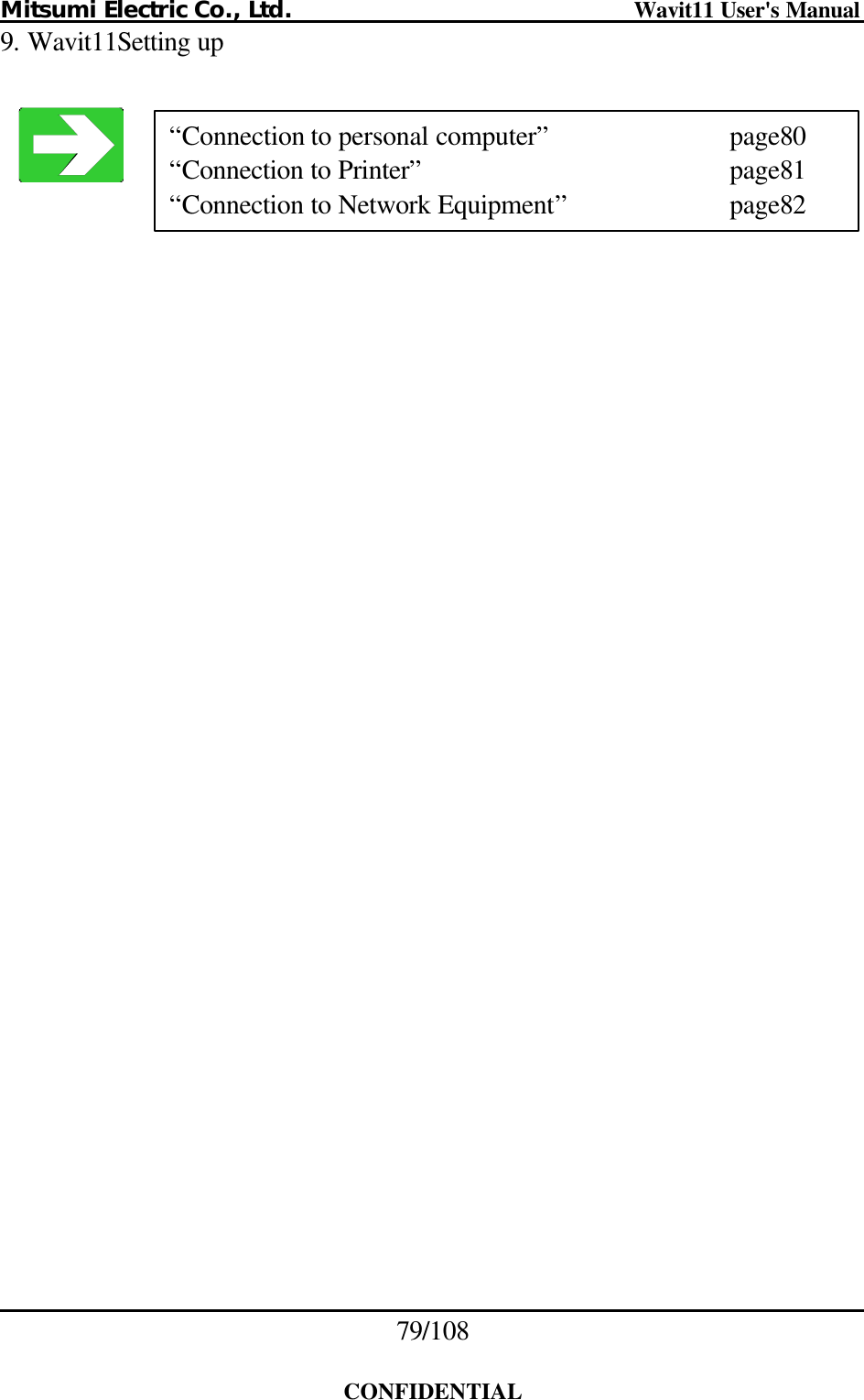 Mitsumi Electric Co., Ltd.                              Wavit11 User&apos;s Manual 79/108  CONFIDENTIAL 9. Wavit11Setting up    “Connection to personal computer”   page80 “Connection to Printer”    page81 “Connection to Network Equipment”   page82 