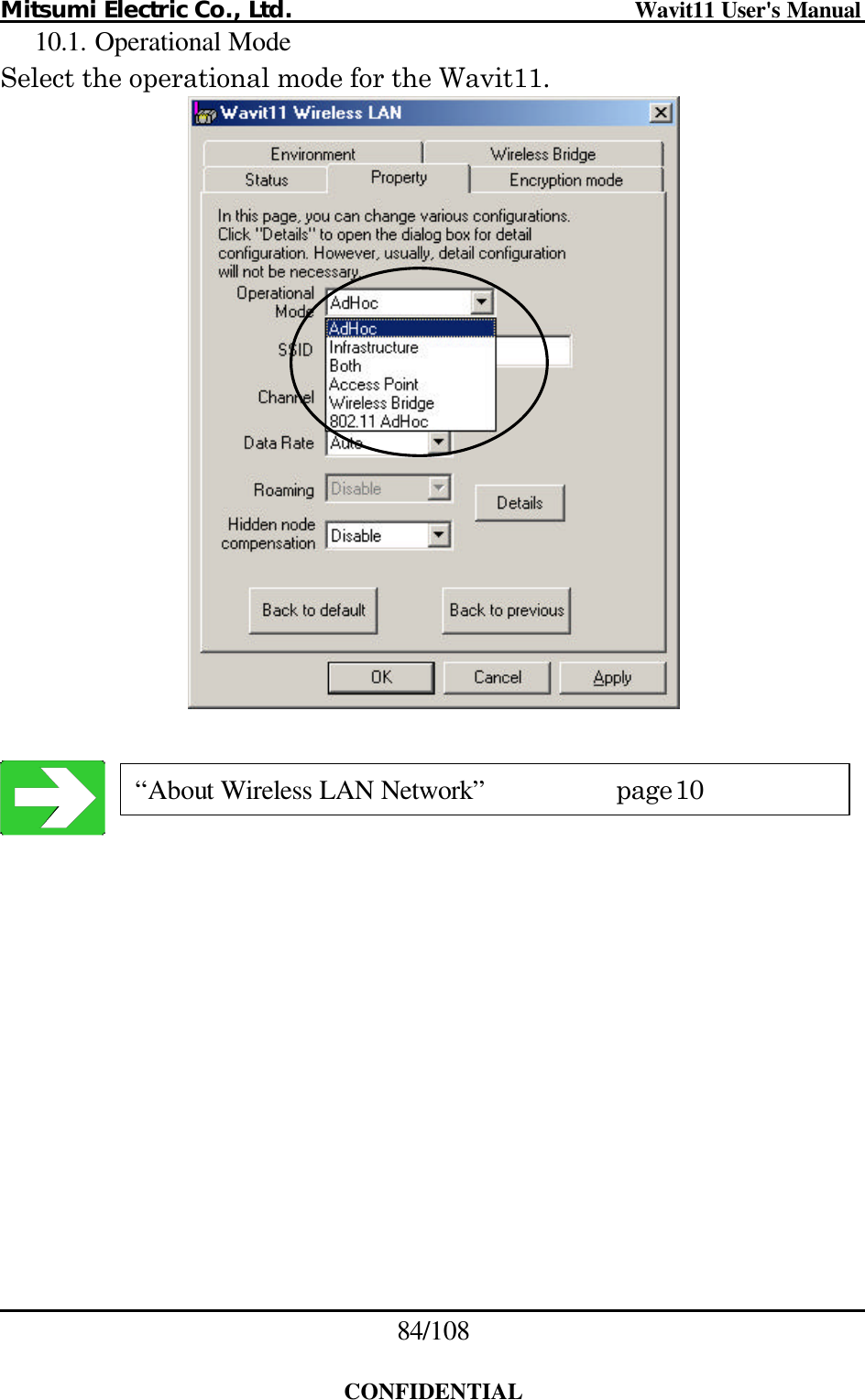 Mitsumi Electric Co., Ltd.                              Wavit11 User&apos;s Manual 84/108  CONFIDENTIAL 10.1. Operational Mode Select the operational mode for the Wavit11.      “About Wireless LAN Network”  page10 