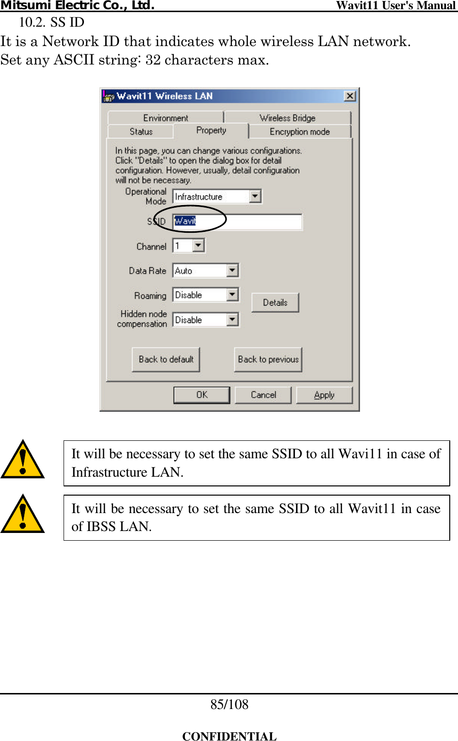 Mitsumi Electric Co., Ltd.                              Wavit11 User&apos;s Manual 85/108  CONFIDENTIAL 10.2. SS ID It is a Network ID that indicates whole wireless LAN network. Set any ASCII string: 32 characters max.        It will be necessary to set the same SSID to all Wavi11 in case of Infrastructure LAN. It will be necessary to set the same SSID to all Wavit11 in case of IBSS LAN. 