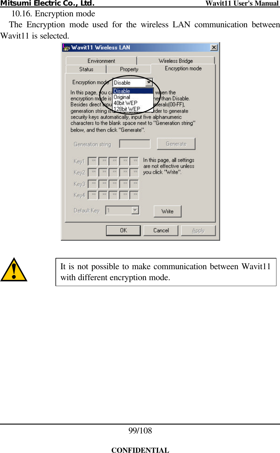 Mitsumi Electric Co., Ltd.                              Wavit11 User&apos;s Manual 99/108  CONFIDENTIAL 10.16. Encryption mode The  Encryption mode used for the wireless LAN communication between Wavit11 is selected.     It is not possible to make communication between Wavit11 with different encryption mode. 