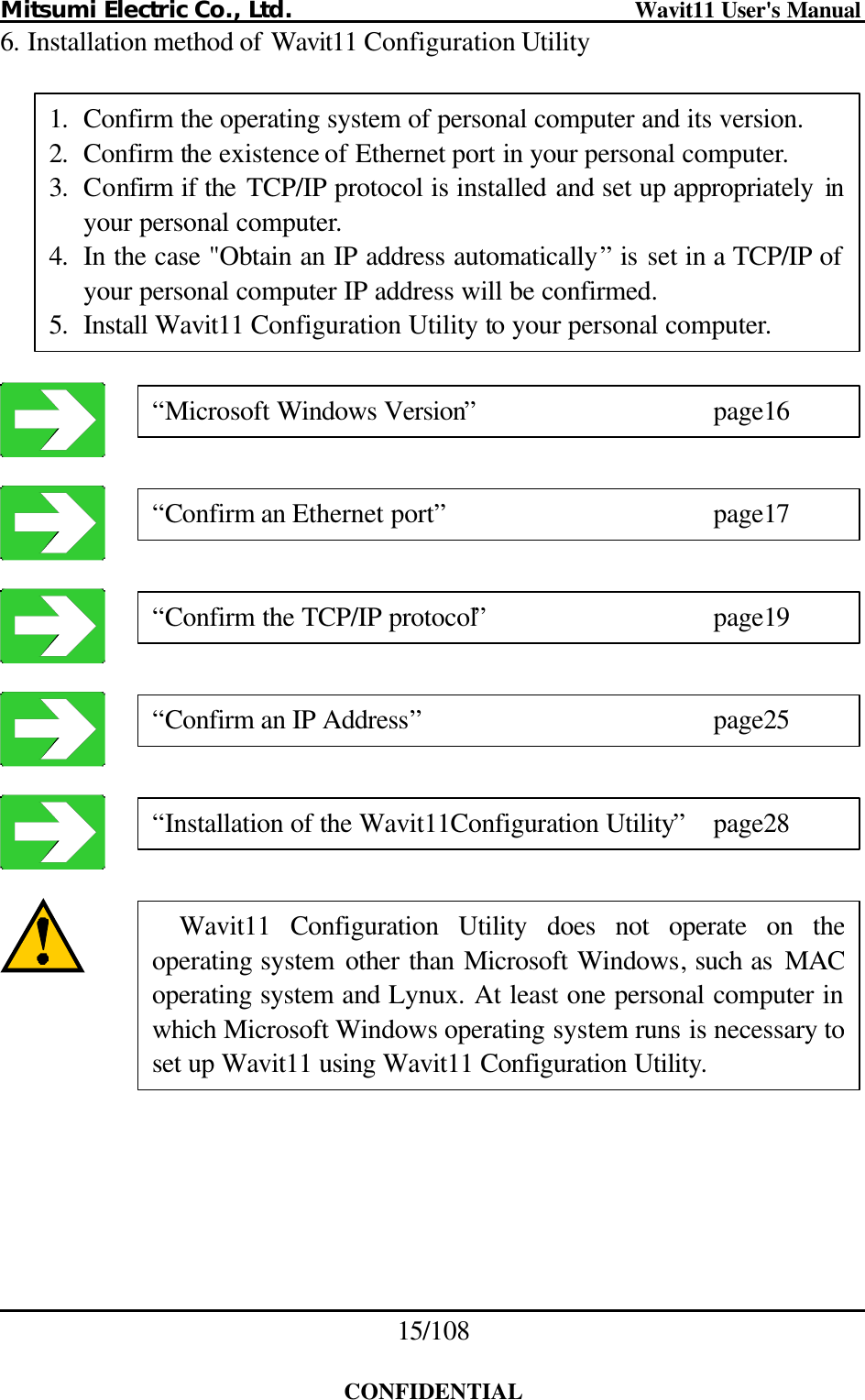 Mitsumi Electric Co., Ltd.                              Wavit11 User&apos;s Manual 15/108  CONFIDENTIAL 6. Installation method of Wavit11 Configuration Utility                   1. Confirm the operating system of personal computer and its version. 2. Confirm the existence of Ethernet port in your personal computer. 3. Confirm if the TCP/IP protocol is installed and set up appropriately inyour personal computer. 4. In the case &quot;Obtain an IP address automatically” is set in a TCP/IP of your personal computer IP address will be confirmed. 5. Install Wavit11 Configuration Utility to your personal computer. “Microsoft Windows Version”   page16 “Confirm an Ethernet port”    page17 “Confirm the TCP/IP protocol”   page19 Wavit11 Configuration Utility does not operate on the operating system other than Microsoft Windows, such as MAC operating system and Lynux. At least one personal computer in which Microsoft Windows operating system runs is necessary to set up Wavit11 using Wavit11 Configuration Utility. “Installation of the Wavit11Configuration Utility” page28 “Confirm an IP Address”    page25 