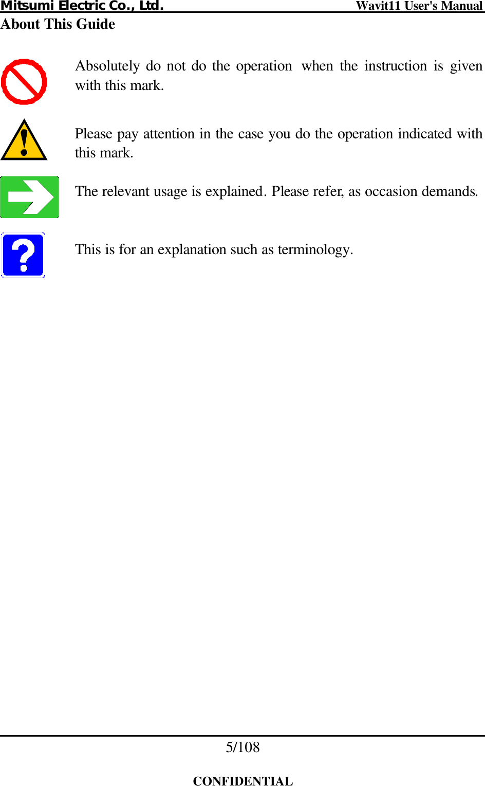 Mitsumi Electric Co., Ltd.                              Wavit11 User&apos;s Manual 5/108  CONFIDENTIAL About This Guide        Absolutely do not do the operation  when the instruction is givenwith this mark. Please pay attention in the case you do the operation indicated with this mark. The relevant usage is explained. Please refer, as occasion demands. This is for an explanation such as terminology. 