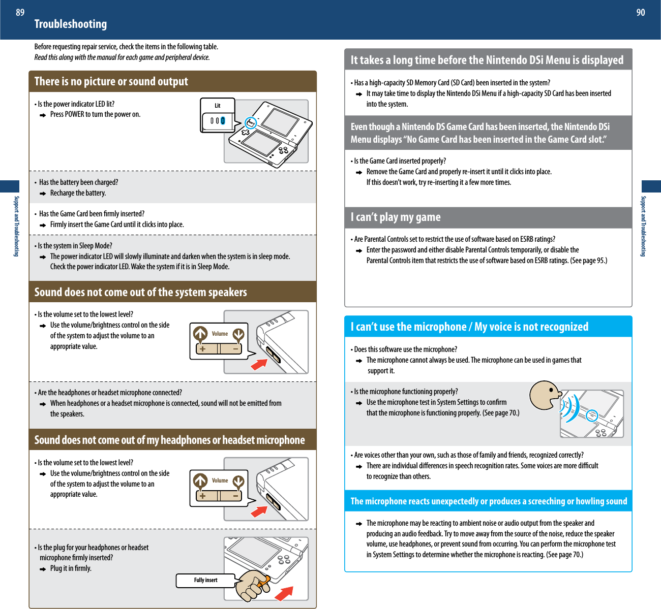 VolumeVolumeFully insertLitSupport and Troubleshooting89Support and Troubleshooting90It takes a long time before the Nintendo DSi Menu is displayedt)BTBIJHIDBQBDJUZ4%.FNPSZ$BSE4%$BSECFFOJOTFSUFEJOUIFTZTUFN     It may take time to display the Nintendo DSi Menu if a high-capacity SD Card has been inserted        into the system.Even though a Nintendo DS Game Card has been inserted, the Nintendo DSi Menu displays “No Game Card has been inserted in the Game Card slot.”t*TUIF(BNF$BSEJOTFSUFEQSPQFSMZ    Remove the Game Card and properly re-insert it until it clicks into place.  *GUIJTEPFTOUXPSLUSZSFJOTFSUJOHJUBGFXNPSFUJNFTI can’t play my gamet&quot;SF1BSFOUBM$POUSPMTTFUUPSFTUSJDUUIFVTFPGTPGUXBSFCBTFEPO&amp;43#SBUJOHT    Enter the password and either disable Parental Controls temporarily, or disable the    1BSFOUBM$POUSPMTJUFNUIBUSFTUSJDUTUIFVTFPGTPGUXBSFCBTFEPO&amp;43#SBUJOHT4FFQBHFI can’t use the microphone / My voice is not recognizedt%PFTUIJTTPGUXBSFVTFUIFNJDSPQIPOF    The microphone cannot always be used. The microphone can be used in games that      support it.t*TUIFNJDSPQIPOFGVODUJPOJOHQSPQFSMZ    Use the microphone test in System Settings to conrm    UIBUUIFNJDSPQIPOFJTGVODUJPOJOHQSPQFSMZ4FFQBHFt&quot;SFWPJDFTPUIFSUIBOZPVSPXOTVDIBTUIPTFPGGBNJMZBOEGSJFOETSFDPHOJ[FEDPSSFDUMZ    There are individual dierences in speech recognition rates. Some voices are more dicult    UPSFDPHOJ[FUIBOPUIFST5IFNJDSPQIPOFSFBDUTVOFYQFDUFEMZPSQSPEVDFTBTDSFFDIJOHPSIPXMJOHTPVOE    The microphone may be reacting to ambient noise or audio output from the speaker and        producing an audio feedback. Try to move away from the source of the noise, reduce the speaker     WPMVNFVTFIFBEQIPOFTPSQSFWFOUTPVOEGSPNPDDVSSJOH:PVDBOQFSGPSNUIFNJDSPQIPOFUFTU  JO4ZTUFN4FUUJOHTUPEFUFSNJOFXIFUIFSUIFNJDSPQIPOFJTSFBDUJOH4FFQBHFTroubleshootingBefore requesting repair service, check the items in the following table.Read this along with the manual for each game and peripheral device.There is no picture or sound outputt*TUIFQPXFSJOEJDBUPS-&amp;%MJU      Press POWER to turn the power on.t)BTUIFCBUUFSZCFFODIBSHFE     Recharge the battery.t)BTUIF(BNF$BSECFFOöSNMZJOTFSUFE     Firmly insert the Game Card until it clicks into place.t*TUIFTZTUFNJO4MFFQ.PEF     The power indicator LED will slowly illuminate and darken when the system is in sleep mode.      Check the power indicator LED. Wake the system if it is in Sleep Mode.Sound does not come out of the system speakerst*TUIFWPMVNFTFUUPUIFMPXFTUMFWFM      Use the volume/brightness control on the side     of the system to adjust the volume to an     appropriate value.t&quot;SFUIFIFBEQIPOFTPSIFBETFUNJDSPQIPOFDPOOFDUFE     When headphones or a headset microphone is connected, sound will not be emitted from     the speakers.Sound does not come out of my headphones or headset microphonet*TUIFWPMVNFTFUUPUIFMPXFTUMFWFM     Use the volume/brightness control on the side     of the system to adjust the volume to an     appropriate value.t*TUIFQMVHGPSZPVSIFBEQIPOFTPSIFBETFU  NJDSPQIPOFöSNMZJOTFSUFE     Plug it in rmly.