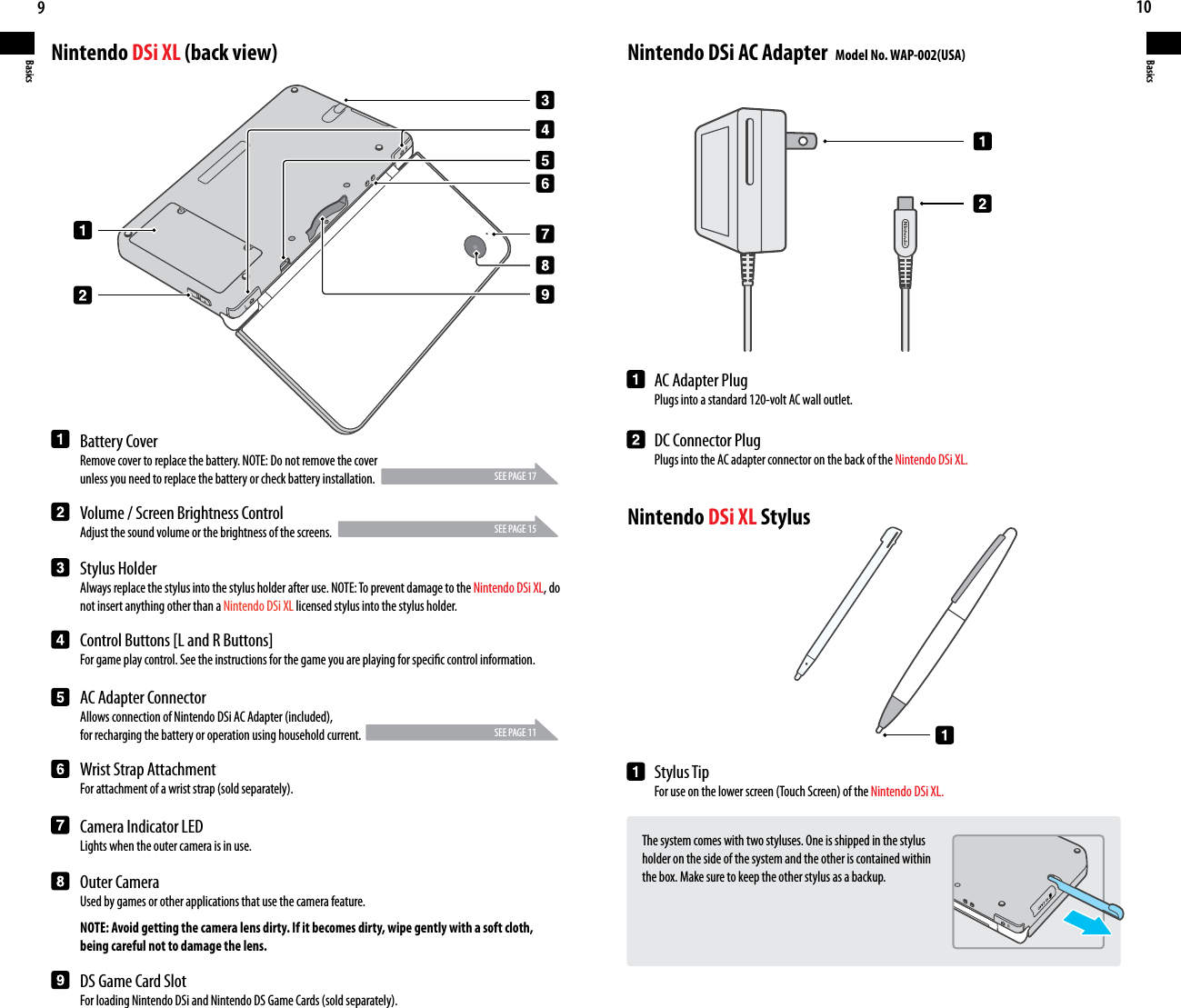 9Basics10BasicsBattery CoverRemove cover to replace the battery. NOTE: Do not remove the cover unless you need to replace the battery or check battery installation.Volume / Screen Brightness ControlAdjust the sound volume or the brightness of the screens.Stylus HolderAlways replace the stylus into the stylus holder after use. NOTE: To prevent damage to the Nintendo DSi XL, do not insert anything other than a Nintendo DSi XL licensed stylus into the stylus holder.Control Buttons [L and R Buttons]For game play control. See the instructions for the game you are playing for specic control information.AC Adapter ConnectorAllowsconnectionofNintendoDSiACAdapter(included),for recharging the battery or operation using household current.Wrist Strap AttachmentForattachmentofawriststrap(soldseparately).AC Adapter PlugPlugs into a standard 120-volt AC wall outlet.DC Connector PlugPlugs into the AC adapter connector on the back of the Nintendo DSi XL.Stylus TipForuseonthelowerscreen(TouchScreen)oftheNintendo DSi XL.Camera Indicator LEDLights when the outer camera is in use.Outer CameraUsed by games or other applications that use the camera feature.NOTE: Avoid getting the camera lens dirty. If it becomes dirty, wipe gently with a soft cloth, being careful not to damage the lens.DS Game Card SlotForloadingNintendoDSiandNintendoDSGameCards(soldseparately).Nintendo DSi XL (back view) Nintendo DSi AC Adapter  Model No. WAP-002(USA) Nintendo DSi XL StylusSEE PAGE 17SEE PAGE 15SEE PAGE 11The system comes with two styluses. One is shipped in the stylus holder on the side of the system and the other is contained within the box. Make sure to keep the other stylus as a backup.