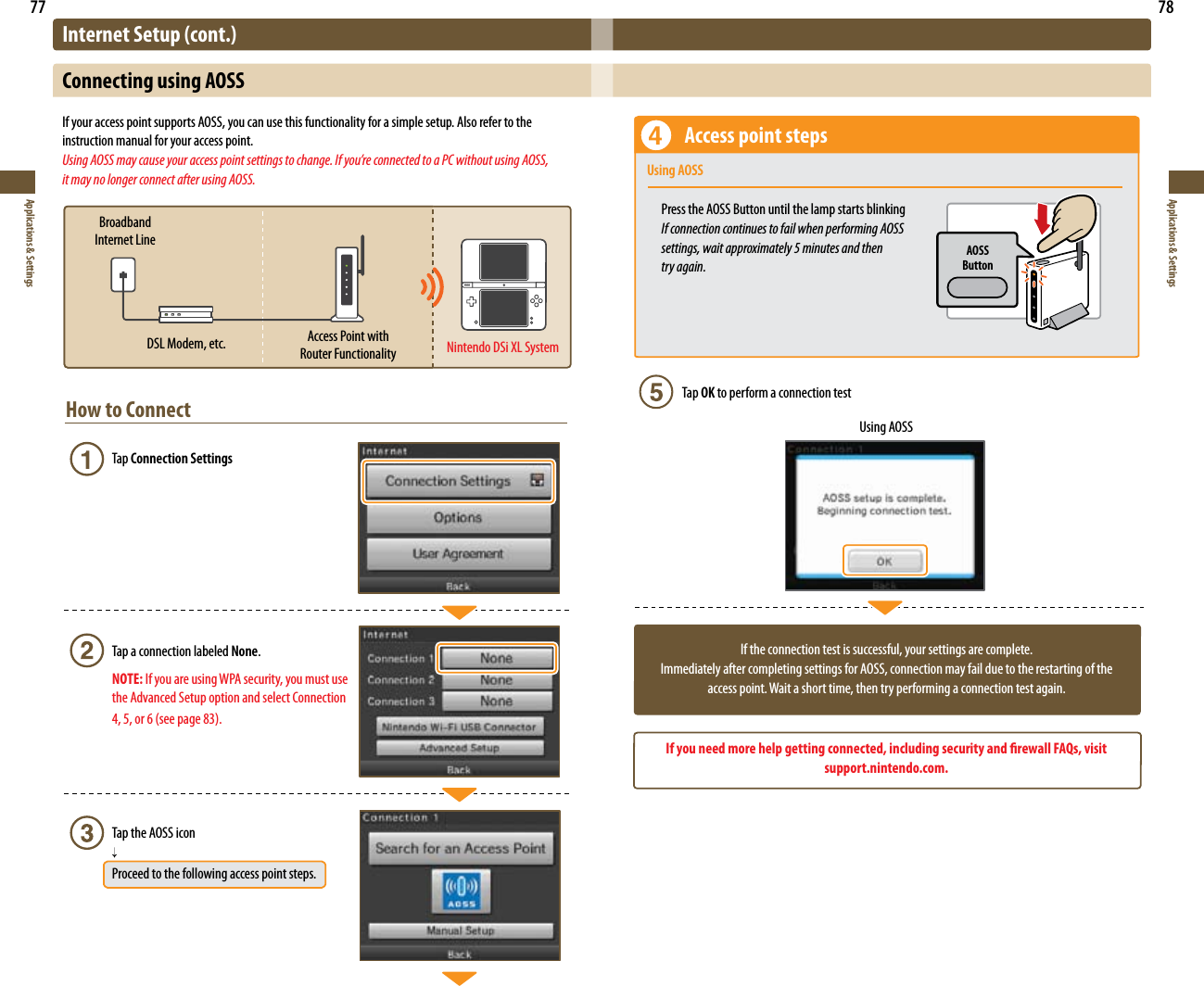 77Applications &amp; Settings78Applications &amp; SettingsHow to Connect Tap Connection Settings  Tap a connection labeled None. NOTE: If you are using WPA security, you must use  the Advanced Setup option and select Connection 4,5,or6(seepage83).  Tap the AOSS icon   Proceed to the following access point steps.Internet Setup (cont.)Connecting using AOSSIf your access point supports AOSS, you can use this functionality for a simple setup. Also refer to the instruction manual for your access point.Using AOSS may cause your access point settings to change. If you’re connected to a PC without using AOSS, it may no longer connect after using AOSS.Broadband  Internet LineDSL Modem, etc. Access Point with  Router Functionality Nintendo DSi XL System    Access point steps  Using AOSS Press the AOSS Button until the lamp starts blinking If connection continues to fail when performing AOSS    settings, wait approximately 5 minutes and then    try again.AOSS  ButtonTap OK to perform a connection testIf the connection test is successful, your settings are complete.Immediately after completing settings for AOSS, connection may fail due to the restarting of the access point. Wait a short time, then try performing a connection test again.If you need more help getting connected, including security and rewall FAQs, visitsupport.nintendo.com.Using AOSS