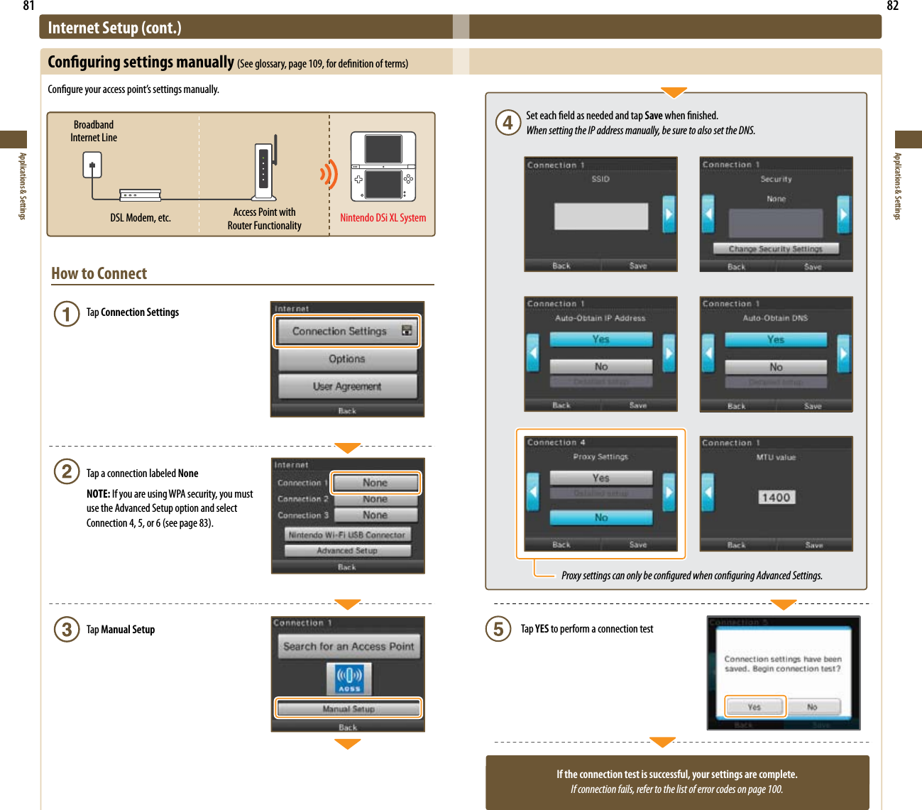 Broadband  Internet LineDSL Modem, etc. Access Point with  Router Functionality Nintendo DSi XL System81Applications &amp; Settings82Applications &amp; SettingsInternet Setup (cont.)Conguring settings manually (Seeglossary,page109,fordenitionofterms)Congureyouraccesspoint’ssettingsmanually.How to Connect  Tap Connection Settings  Tap a connection labeled None NOTE: If you are using WPA security, you must  use the Advanced Setup option and select Connection4,5,or6(seepage83).  Tap Manual SetupSet each eld as needed and tap Save when nished.When setting the IP address manually, be sure to also set the DNS.Proxy settings can only be congured when conguring Advanced Settings.If the connection test is successful, your settings are complete.If connection fails, refer to the list of error codes on page 100.Tap YES to perform a connection test