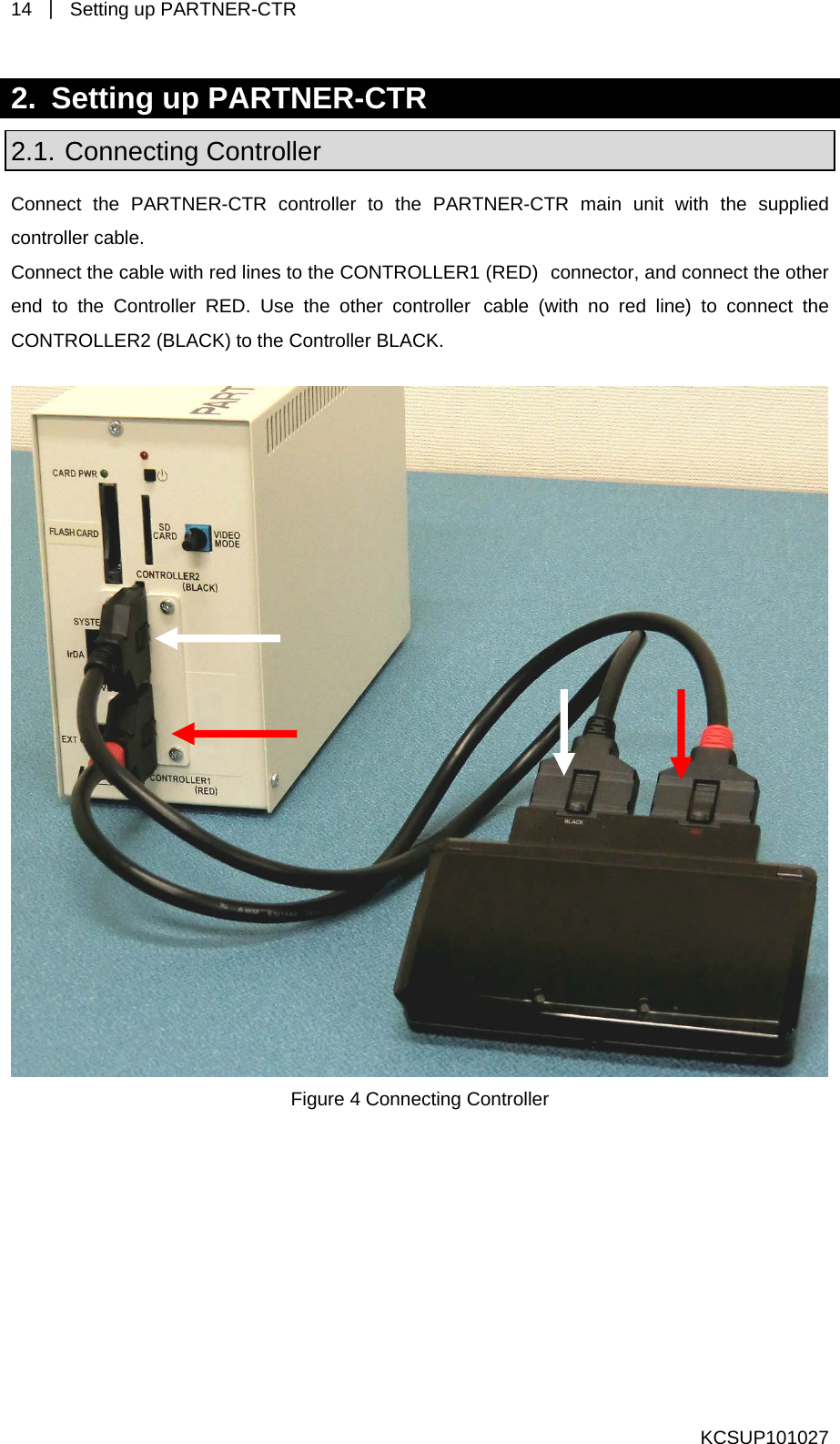 14  ｜  Setting up PARTNER-CTR   2.  Setting up PARTNER-CTR 2.1. Connecting Controller Connect the PARTNER-CTR controller to the PARTNER-CTR main unit with the supplied  controller cable. Connect the cable with red lines to the CONTROLLER1 (RED) connector, and connect the other end to the Controller RED. Use the other controller cable (with no red line) to connect the CONTROLLER2 (BLACK) to the Controller BLACK.   Figure 4 Connecting Controller  KCSUP101027 