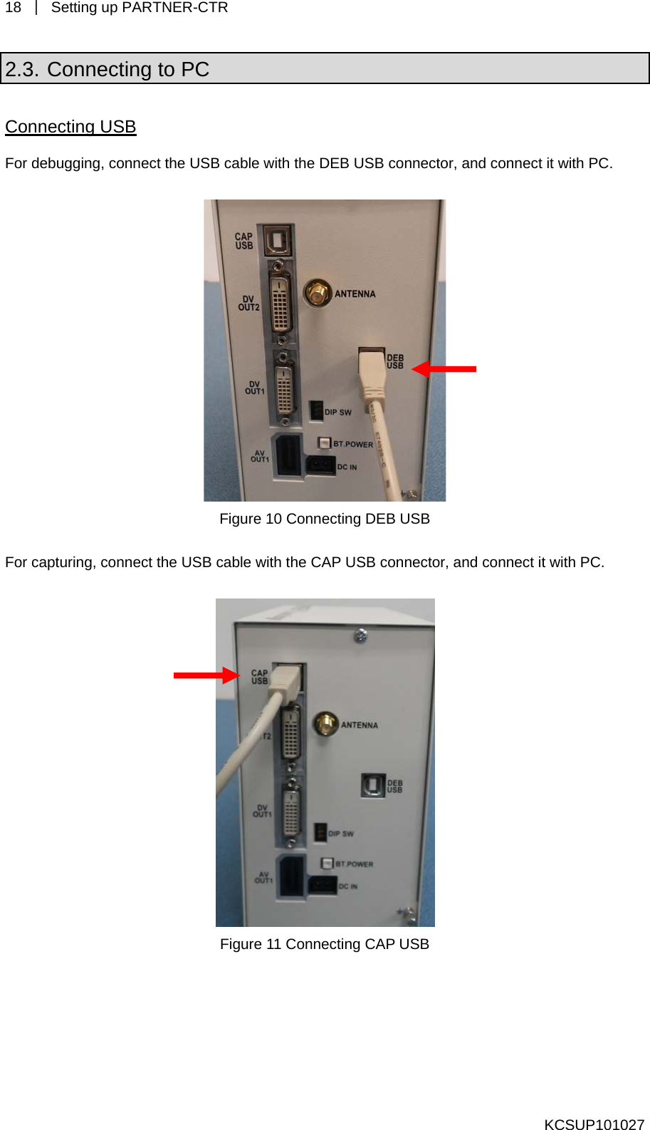 18  ｜  Setting up PARTNER-CTR   2.3. Connecting to PC Connecting USB For debugging, connect the USB cable with the DEB USB connector, and connect it with PC.   Figure 10 Connecting DEB USB   For capturing, connect the USB cable with the CAP USB connector, and connect it with PC.   Figure 11 Connecting CAP USB     KCSUP101027 