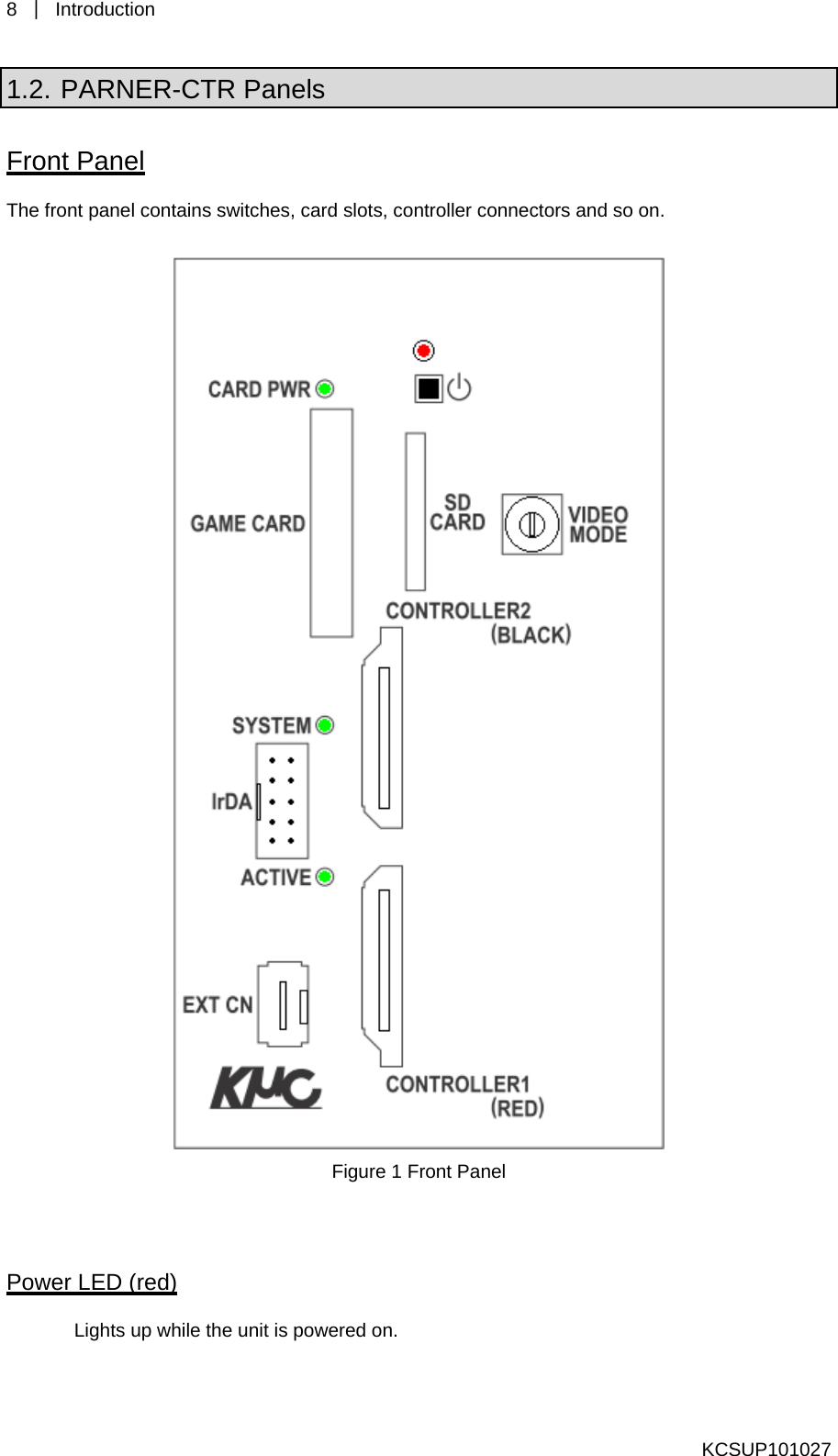 8  ｜ Introduction  1.2. PARNER-CTR Panels Front Panel The front panel contains switches, card slots, controller connectors and so on.     Figure 1 Front Panel  Power LED (red) Lights up while the unit is powered on.     KCSUP101027 