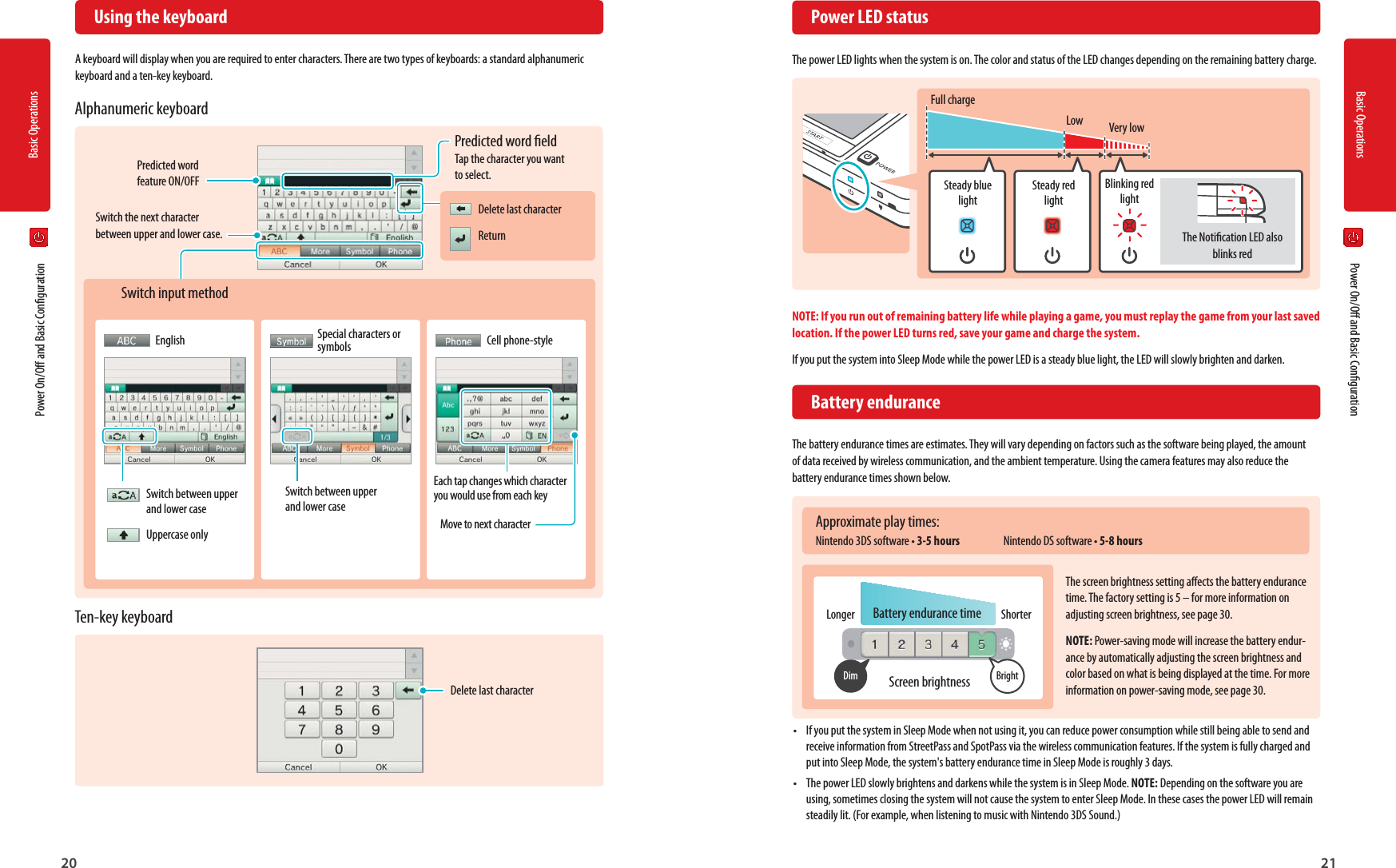 20Basic Operations21Basic OperationsThe Notication LED also blinks redFull chargeSteady blue lightSteady red lightBlinking red lightLow Very lowDim BrightBattery endurance time ShorterLongerScreen brightness  Using the keyboardA keyboard will display when you are required to enter characters. There are two types of keyboards: a standard alphanumeric keyboard and a ten-key keyboard.  Power LED statusThe power LED lights when the system is on. The color and status of the LED changes depending on the remaining battery charge.NOTE: If you run out of remaining battery life while playing a game, you must replay the game from your last saved location. If the power LED turns red, save your game and charge the system.If you put the system into Sleep Mode while the power LED is a steady blue light, the LED will slowly brighten and darken. Battery enduranceThe battery endurance times are estimates. They will vary depending on factors such as the software being played, the amount of data received by wireless communication, and the ambient temperature. Using the camera features may also reduce the battery endurance times shown below.Approximate play times:Nintendo 3DS software • 3-5 hours  Nintendo DS software • 5-8 hoursThe screen brightness setting aects the battery endurance time. The factory setting is 5 – for more information on adjusting screen brightness, see page 30.NOTE: Power-saving mode will increase the battery endur-ance by automatically adjusting the screen brightness and color based on what is being displayed at the time. For more information on power-saving mode, see page 30.•  If you put the system in Sleep Mode when not using it, you can reduce power consumption while still being able to send and receive information from StreetPass and SpotPass via the wireless communication features. If the system is fully charged and put into Sleep Mode, the system&apos;s battery endurance time in Sleep Mode is roughly 3 days.•  The power LED slowly brightens and darkens while the system is in Sleep Mode. NOTE: Depending on the software you are using, sometimes closing the system will not cause the system to enter Sleep Mode. In these cases the power LED will remain steadily lit. (For example, when listening to music with Nintendo 3DS Sound.)Delete last characterSwitch input methodAlphanumeric keyboardTen-key keyboard  Power On/O and Basic Conguration  Power On/O and Basic CongurationDelete last characterReturnPredicted word eld Tap the character you want to select.Predicted word feature ON/OFFSwitch the next character between upper and lower case.Switch between upper and lower caseUppercase onlySwitch between upper and lower caseEach tap changes which character you would use from each keyMove to next characterEnglish Special characters or symbols Cell phone-style