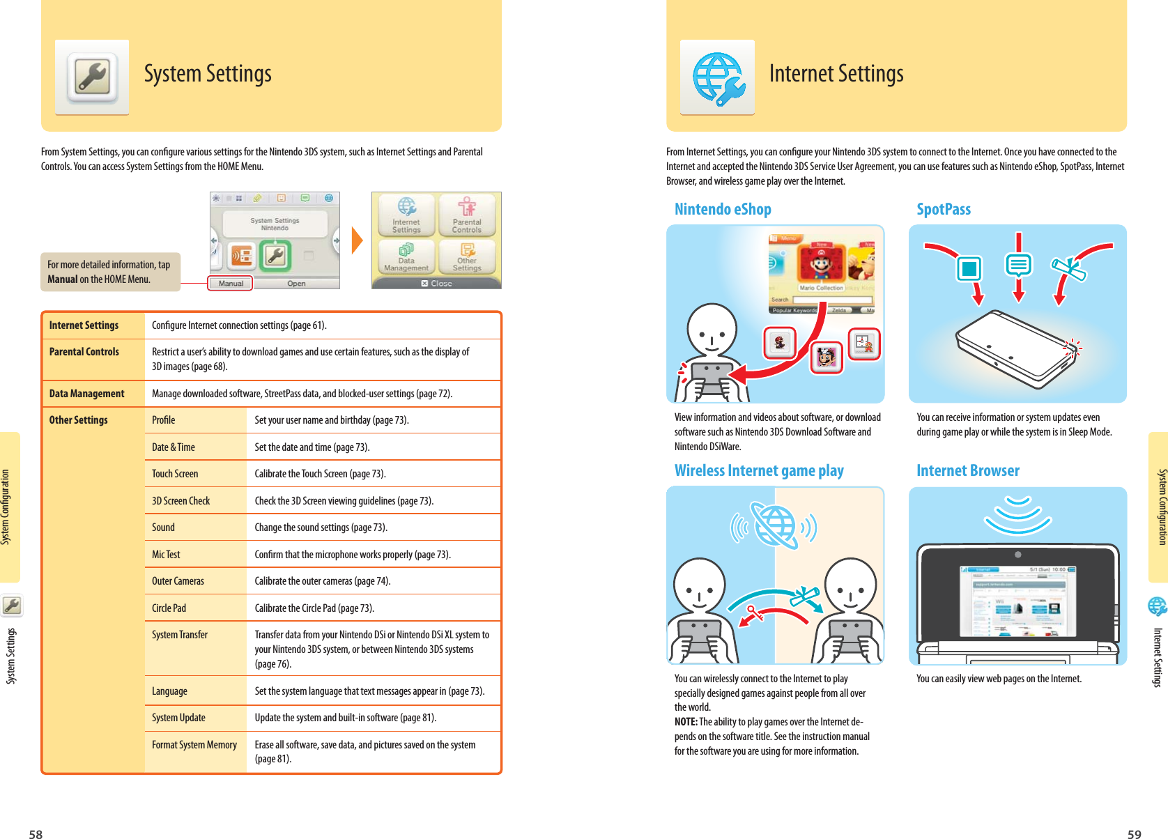 System CongurationSystem Conguration58 59System CongurationFor more detailed information, tap Manual on the HOME Menu. System SettingsFrom System Settings, you can congure various settings for the Nintendo 3DS system, such as Internet Settings and Parental Controls. You can access System Settings from the HOME Menu.Internet Settings  Congure Internet connection settings (page 61). Parental Controls  Restrict a user’s ability to download games and use certain features, such as the display of  3D images (page 68). Data Management  Manage downloaded software, StreetPass data, and blocked-user settings (page 72). Other Settings  Prole  Set your user name and birthday (page 73).  Date &amp; Time  Set the date and time (page 73).  Touch Screen  Calibrate the Touch Screen (page 73).  3D Screen Check  Check the 3D Screen viewing guidelines (page 73).  Sound  Change the sound settings (page 73).  Mic Test  Conrm that the microphone works properly (page 73).  Outer Cameras  Calibrate the outer cameras (page 74).  Circle Pad  Calibrate the Circle Pad (page 73).  System Transfer  Transfer data from your Nintendo DSi or Nintendo DSi XL system to    your Nintendo 3DS system, or between Nintendo 3DS systems   (page 76).   Language  Set the system language that text messages appear in (page 73).  System Update  Update the system and built-in software (page 81).  Format System Memory  Erase all software, save data, and pictures saved on the system  (page 81).From Internet Settings, you can congure your Nintendo 3DS system to connect to the Internet. Once you have connected to the Internet and accepted the Nintendo 3DS Service User Agreement, you can use features such as Nintendo eShop, SpotPass, Internet Browser, and wireless game play over the Internet.Nintendo eShopView information and videos about software, or download software such as Nintendo 3DS Download Software and Nintendo DSiWare.Wireless Internet game playYou can wirelessly connect to the Internet to play specially designed games against people from all over the world.  NOTE: The ability to play games over the Internet de-pends on the software title. See the instruction manual for the software you are using for more information. SpotPassYou can receive information or system updates even during game play or while the system is in Sleep Mode.Internet BrowserYou can easily view web pages on the Internet.Internet SettingsSystem Settings Internet Settings