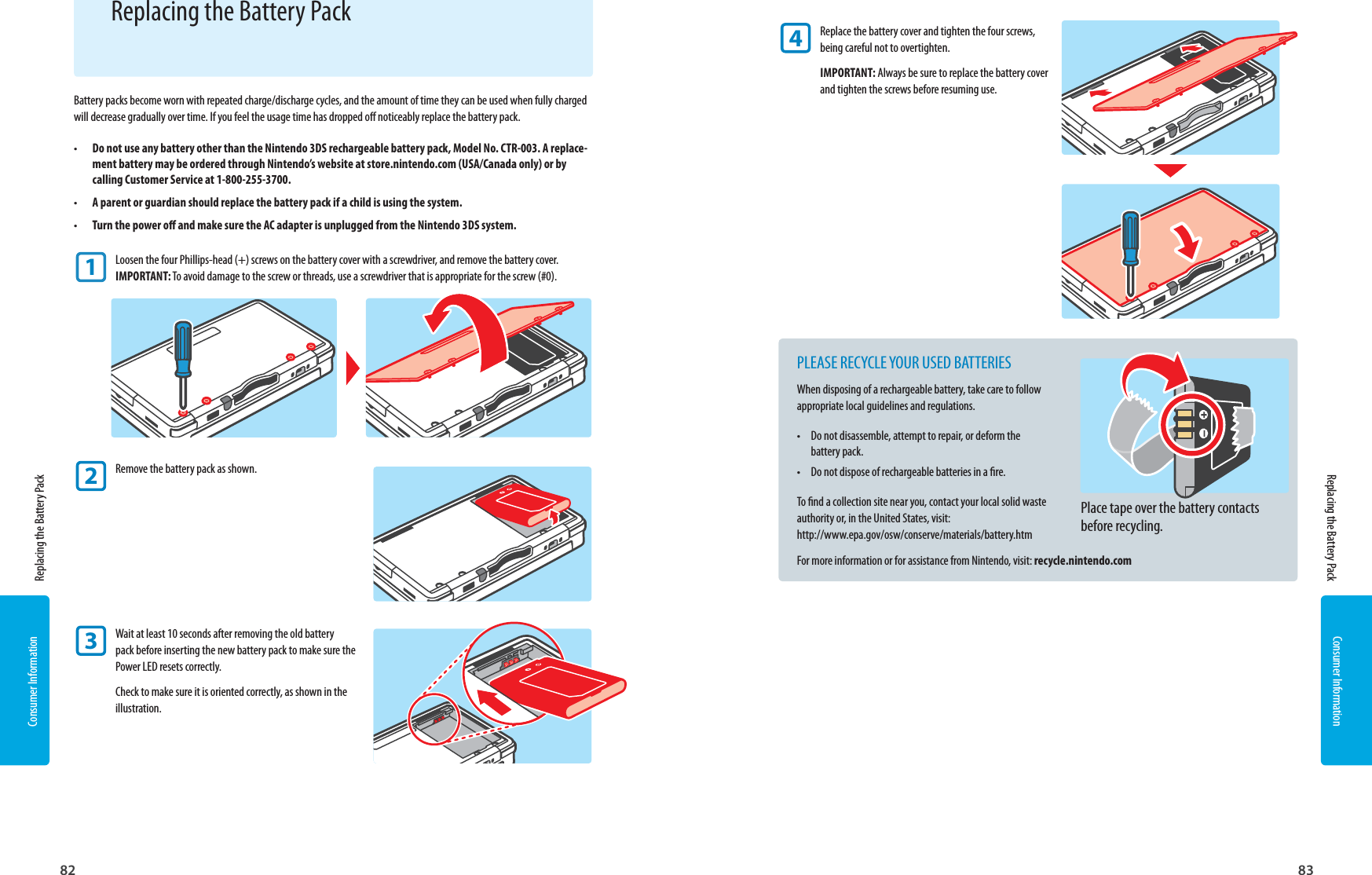Consumer Information82 83Consumer InformationConsumer InformationPlace tape over the battery contacts before recycling.  Replacing the Battery Pack  Replacing the Battery PackBattery packs become worn with repeated charge/discharge cycles, and the amount of time they can be used when fully charged will decrease gradually over time. If you feel the usage time has dropped o noticeably replace the battery pack.•  Do not use any battery other than the Nintendo 3DS rechargeable battery pack, Model No. CTR-003. A replace-ment battery may be ordered through Nintendo’s website at store.nintendo.com (USA/Canada only) or by calling Customer Service at 1-800-255-3700.•  A parent or guardian should replace the battery pack if a child is using the system.•  Turn the power o and make sure the AC adapter is unplugged from the Nintendo 3DS system.1 Loosen the four Phillips-head (+) screws on the battery cover with a screwdriver, and remove the battery cover. IMPORTANT: To avoid damage to the screw or threads, use a screwdriver that is appropriate for the screw (#0).2 Remove the battery pack as shown.3 Wait at least 10 seconds after removing the old battery  pack before inserting the new battery pack to make sure the   Power LED resets correctly.  Check to make sure it is oriented correctly, as shown in the  illustration.4 Replace the battery cover and tighten the four screws,  being careful not to overtighten.IMPORTANT: Always be sure to replace the battery cover and tighten the screws before resuming use.PLEASE RECYCLE YOUR USED BATTERIESWhen disposing of a rechargeable battery, take care to follow appropriate local guidelines and regulations.•  Do not disassemble, attempt to repair, or deform the battery pack.•  Do not dispose of rechargeable batteries in a re.To nd a collection site near you, contact your local solid waste authority or, in the United States, visit: http://www.epa.gov/osw/conserve/materials/battery.htmFor more information or for assistance from Nintendo, visit: recycle.nintendo.comReplacing the Battery Pack