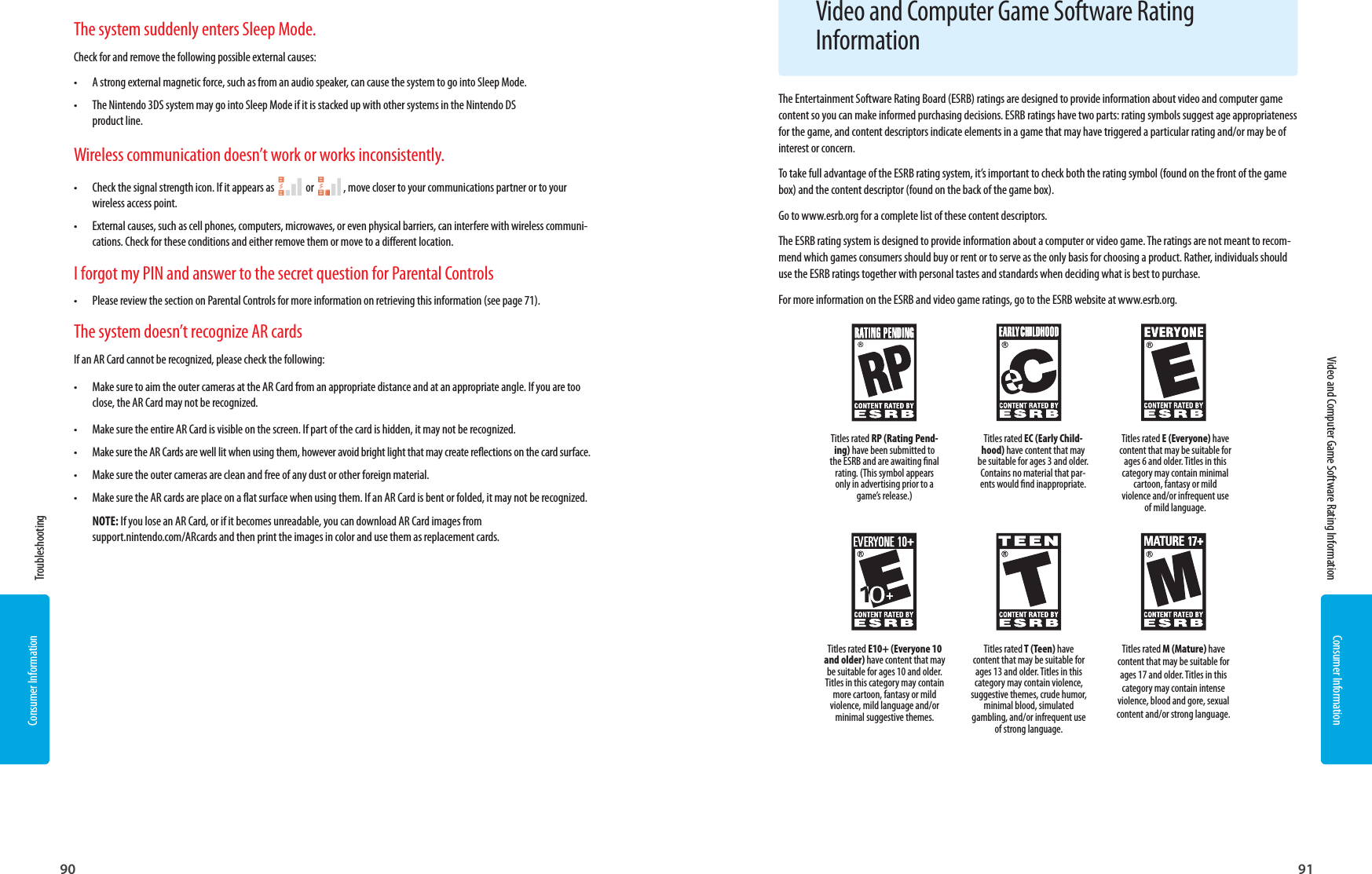 90 91Consumer Information  Video and Computer Game Software Rating Information Consumer InformationThe Entertainment Software Rating Board (ESRB) ratings are designed to provide information about video and computer game content so you can make informed purchasing decisions. ESRB ratings have two parts: rating symbols suggest age appropriateness for the game, and content descriptors indicate elements in a game that may have triggered a particular rating and/or may be of interest or concern.To take full advantage of the ESRB rating system, it’s important to check both the rating symbol (found on the front of the game box) and the content descriptor (found on the back of the game box).Go to www.esrb.org for a complete list of these content descriptors.The ESRB rating system is designed to provide information about a computer or video game. The ratings are not meant to recom-mend which games consumers should buy or rent or to serve as the only basis for choosing a product. Rather, individuals should use the ESRB ratings together with personal tastes and standards when deciding what is best to purchase.For more information on the ESRB and video game ratings, go to the ESRB website at www.esrb.org.Video and Computer Game Software Rating InformationTitles rated RP (Rating Pend-ing) have been submitted to the ESRB and are awaiting nal rating. (This symbol appears only in advertising prior to a game’s release.)Titles rated EC (Early Child-hood) have content that may be suitable for ages 3 and older. Contains no material that par-ents would nd inappropriate.Titles rated E (Everyone) have content that may be suitable for ages 6 and older. Titles in this category may contain minimal cartoon, fantasy or mild violence and/or infrequent use of mild language.Titles rated E10+ (Everyone 10 and older) have content that may be suitable for ages 10 and older. Titles in this category may contain more cartoon, fantasy or mild violence, mild language and/or minimal suggestive themes.Titles rated T (Teen) have content that may be suitable for ages 13 and older. Titles in this category may contain violence, suggestive themes, crude humor, minimal blood, simulated gambling, and/or infrequent use of strong language.Titles rated M (Mature) have content that may be suitable for ages 17 and older. Titles in this category may contain intense violence, blood and gore, sexual content and/or strong language.The system suddenly enters Sleep Mode.Check for and remove the following possible external causes:•  A strong external magnetic force, such as from an audio speaker, can cause the system to go into Sleep Mode.•  The Nintendo 3DS system may go into Sleep Mode if it is stacked up with other systems in the Nintendo DS product line.Wireless communication doesn’t work or works inconsistently.•  Check the signal strength icon. If it appears as     or    , move closer to your communications partner or to your wireless access point.•  External causes, such as cell phones, computers, microwaves, or even physical barriers, can interfere with wireless communi-cations. Check for these conditions and either remove them or move to a dierent location.I forgot my PIN and answer to the secret question for Parental Controls•  Please review the section on Parental Controls for more information on retrieving this information (see page 71).The system doesn’t recognize AR cardsIf an AR Card cannot be recognized, please check the following:•  Make sure to aim the outer cameras at the AR Card from an appropriate distance and at an appropriate angle. If you are too close, the AR Card may not be recognized.•  Make sure the entire AR Card is visible on the screen. If part of the card is hidden, it may not be recognized.•  Make sure the AR Cards are well lit when using them, however avoid bright light that may create reections on the card surface.•  Make sure the outer cameras are clean and free of any dust or other foreign material.•  Make sure the AR cards are place on a at surface when using them. If an AR Card is bent or folded, it may not be recognized.NOTE: If you lose an AR Card, or if it becomes unreadable, you can download AR Card images fromsupport.nintendo.com/ARcards and then print the images in color and use them as replacement cards. Troubleshooting