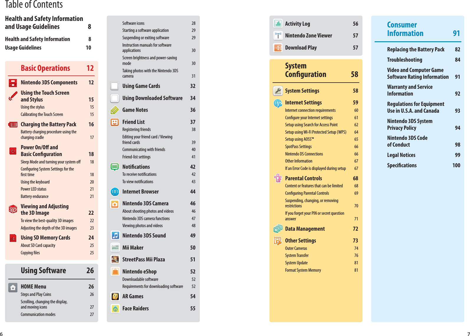 6 7Basic Operations  12Nintendo 3DS Components  12Using the Touch Screen and Stylus  15Using the stylus  15Calibrating the Touch Screen  15Charging the Battery Pack  16Battery charging procedure using the charging cradle  17Power On/O and Basic Conguration  18Sleep Mode and turning your system o  18Conguring System Settings for the rst time  18Using the keyboard  20Power LED status  21Battery endurance  21Viewing and Adjusting the 3D Image  22To view the best-quality 3D images  22Adjusting the depth of the 3D images  23Using SD Memory Cards  24About SD Card capacity  25Copying les  25Using Software  26HOME Menu  26Steps and Play Coins  26Scrolling, changing the display, and moving icons  27Communication modes  27Activity Log  56Nintendo Zone Viewer  57Download Play  57System Conguration 58System Settings  58Internet Settings  59Internet connection requirements  60Congure your Internet settings  61Setup using Search for Access Point  62Setup using Wi-Fi Protected Setup (WPS)  64Setup using AOSS™  65SpotPass Settings  66Nintendo DS Connections  66Other Information  67If an Error Code is displayed during setup  67Parental Controls  68Content or features that can be limited  68Conguring Parental Controls  69Suspending, changing, or removing restrictions 70If you forget your PIN or secret question answer 71Data Management  72Other Settings  73Outer Cameras  74System Transfer  76System Update  81Format System Memory  81Software icons  28Starting a software application  29Suspending or exiting software  29Instruction manuals for software applications 30Screen brightness and power-saving mode 30Taking photos with the Nintendo 3DS camera 31Using Game Cards  32Using Downloaded Software  34Game Notes  36Friend List  37Registering friends  38Editing your friend card / Viewing friend cards  39Communicating with friends  40Friend-list settings  41Notications 42To receive notications  42To view notications  43Internet Browser  44Nintendo 3DS Camera  46About shooting photos and videos  46Nintendo 3DS camera functions  47Viewing photos and videos  48Nintendo 3DS Sound  49Mii Maker  50StreetPass Mii Plaza  51Nintendo eShop  52Downloadable software  52Requirements for downloading software  52AR Games  54Face Raiders  55Consumer Information 91Replacing the Battery Pack  82Troubleshooting 84Video and Computer Game Software Rating Information  91Warranty and Service Information 92Regulations for Equipment Use in U.S.A. and Canada  93Nintendo 3DS System Privacy Policy  94Nintendo 3DS Code of Conduct  98Legal Notices  99Specications 100Table of ContentsHealth and Safety Information and Usage Guidelines  8Health and Safety Information  8Usage Guidelines  10