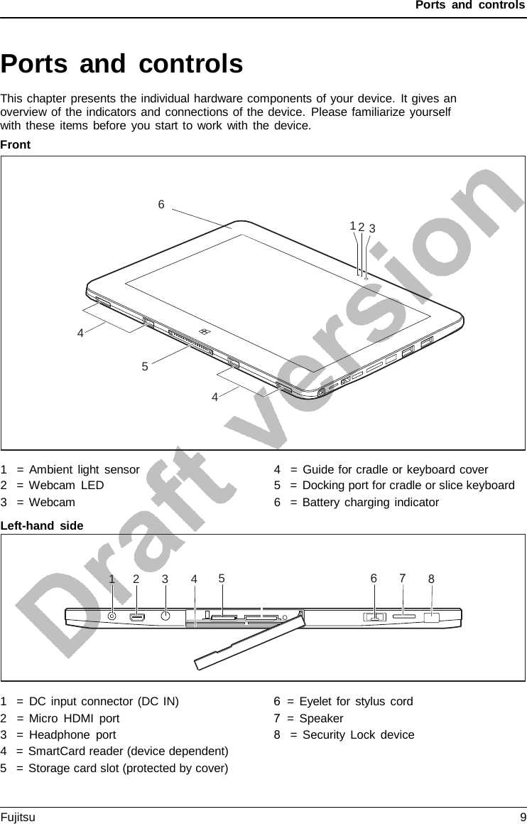 Ports and controls Ports and controls This chapter presents the individual hardware components of your device. It gives an overview of the indicators and connections of the device. Please familiarize yourself with these items before you start to work with the device. Front 1   =  DC input connector (DC IN) 2   = Micro HDMI port 3   =  Headphone port 4   = SmartCard reader (device dependent) 5   = Storage card slot (protected by cover) 6  = Eyelet for stylus cord 7  = Speaker 8  = Security Lock device 6 1 2 3 4 5 4 1  2  3  4  5  6 7 8 1   =  Ambient light sensor 2   = Webcam LED 3   =  Webcam 4   =  Guide for cradle or keyboard cover 5   =  Docking port for cradle or slice keyboard 6   = Battery charging indicator Left-hand side Fujitsu  9 