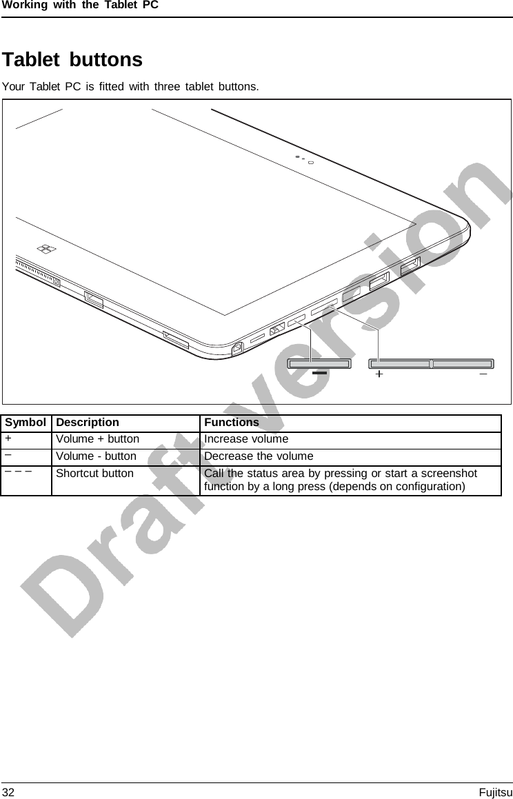 Working with the  Tablet  PC Tablet buttons Your  Tablet PC is fitted with three tablet buttons. Symbol Description Functions + Volume + button Increase volume –Volume - buttonDecrease the volume – – – Shortcut button Call the status area by pressing or start a screenshot function by a long press (depends on configuration) 32 Fujitsu 