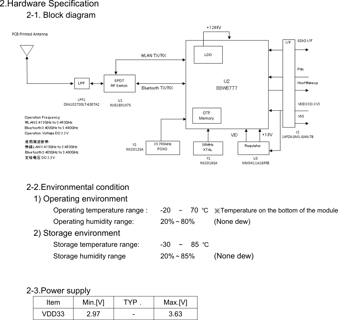          2.Hardware Specification  2-1. Block diagram      2-2.Environmental condition     1) Operating environment        Operating temperature range : -20  ～  70 ℃ ※Temperature on the bottom of the module  Operating humidity range:  20%～80% (None dew)   2) Storage environment     Storage temperature range: -30  ～  85 ℃       Storage humidity range  20%～85%  (None dew)                    2-3.Power supply     Item Min.[V] TYP． Max.[V] VDD33 2.97  -  3.63      