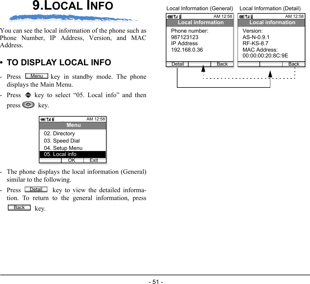  - 51 - 9.LOCAL INFOYou can see the local information of the phone such asPhone Number, IP Address, Version, and MACAddress. • TO DISPLAY LOCAL INFO- Press  key in standby mode. The phonedisplays the Main Menu.- Press   key to select “05. Local info” and thenpress   key.- The phone displays the local information (General)similar to the following.- Press   key to view the detailed informa-tion. To return to the general information, press key.MenuAM 12:58OK ExitMenu03. Speed Dial04. Setup Menu02. Directory05. Local infoDetailBackAM 12:58BackLocal information987123123IP AddressPhone number:Detail192.168.0.36Local Information (General)AM 12:58BackLocal informationAS-N-0.9.1RF-KS-8.7Version:MAC Address:Local Information (Detail)00:00:00:20:8C:9E