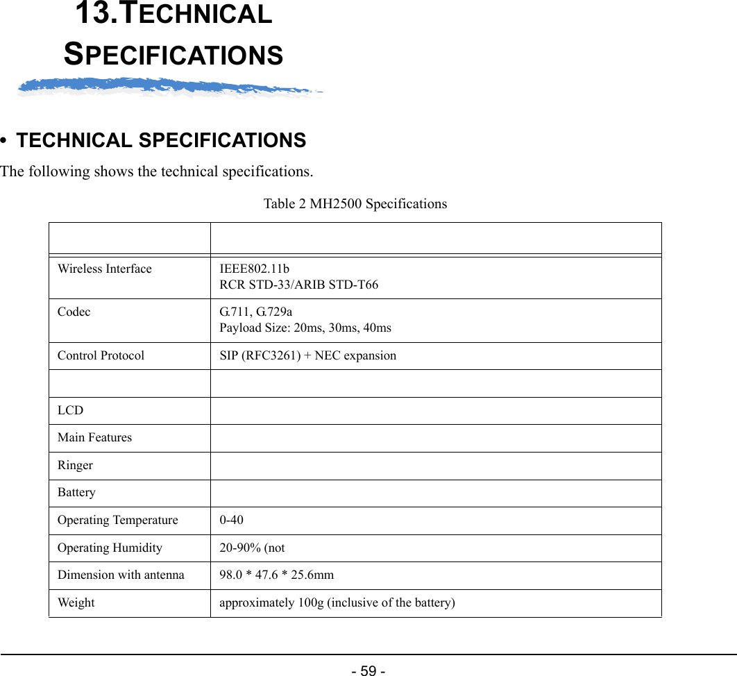 - 59 -13.TECHNICAL SPECIFICATIONS• TECHNICAL SPECIFICATIONSThe following shows the technical specifications.Table 2 MH2500 SpecificationsWireless Interface IEEE802.11bRCR STD-33/ARIB STD-T66Codec G.711, G.729aPayload Size: 20ms, 30ms, 40msControl Protocol SIP (RFC3261) + NEC expansionLCDMain FeaturesRingerBatteryOperating Temperature 0-40Operating Humidity 20-90% (notDimension with antenna 98.0 * 47.6 * 25.6mmWeight approximately 100g (inclusive of the battery)