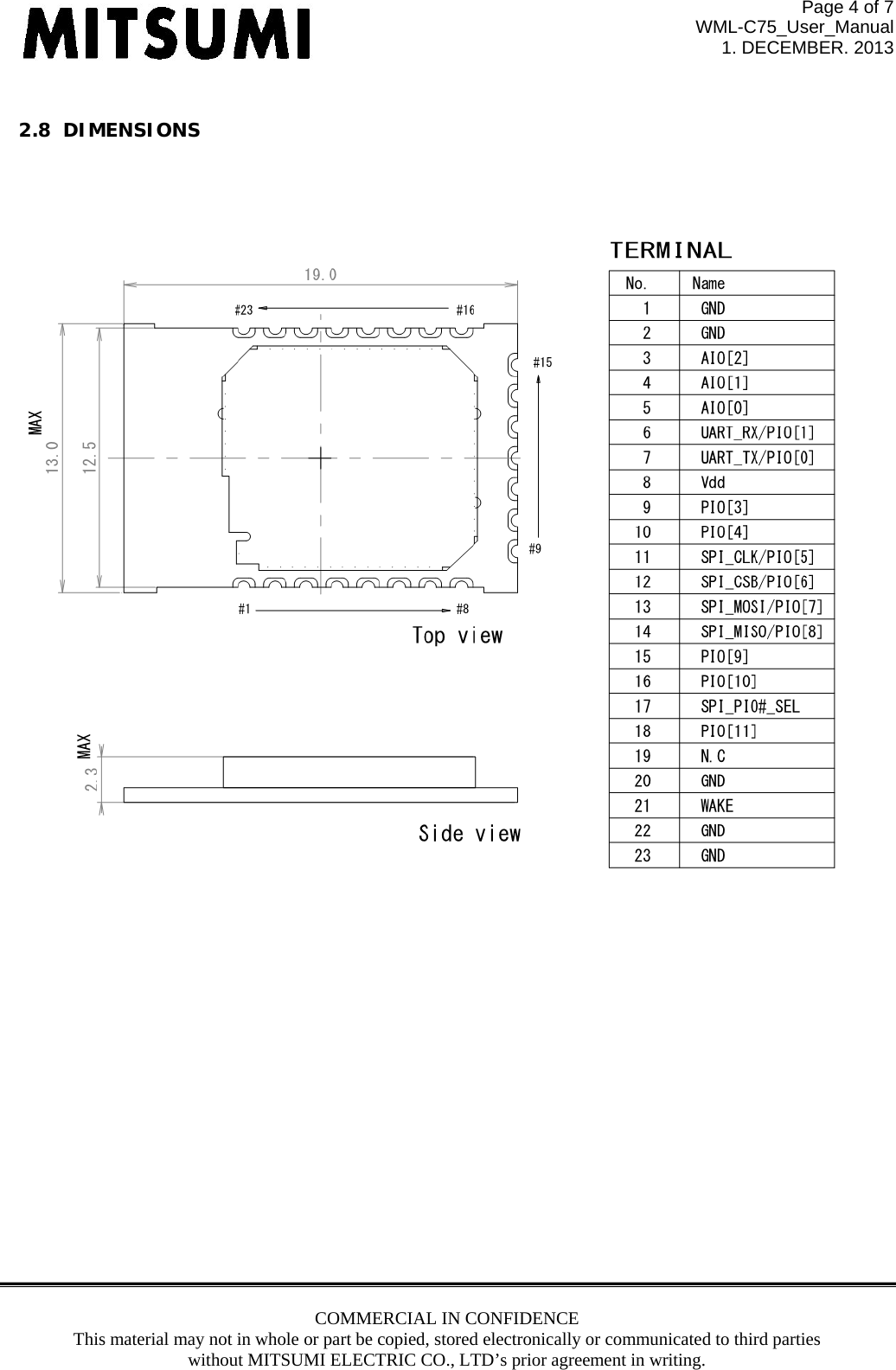 Page 4 of 7 WML-C75_User_Manual 1. DECEMBER. 2013 COMMERCIAL IN CONFIDENCE This material may not in whole or part be copied, stored electronically or communicated to third parties without MITSUMI ELECTRIC CO., LTD’s prior agreement in writing.    2.8  DIMENSIONS                        