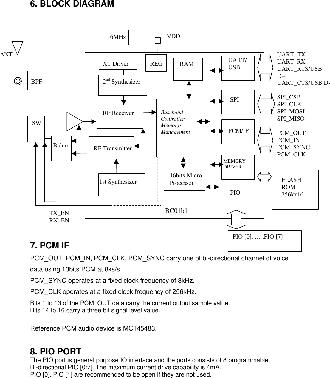   6. BLOCK DIAGRAM                                  7. PCM IF PCM_OUT, PCM_IN, PCM_CLK, PCM_SYNC carry one of bi-directional channel of voice data using 13bits PCM at 8ks/s.  PCM_SYNC operates at a fixed clock frequency of 8kHz. PCM_CLK operates at a fixed clock frequency of 256kHz. Bits 1 to 13 of the PCM_OUT data carry the current output sample value. Bits 14 to 16 carry a three bit signal level value.  Reference PCM audio device is MC145483.    8. PIO PORT The PIO port is general purpose IO interface and the ports consists of 8 programmable,  Bi-directional PIO [0:7]. The maximum current drive capability is 4mA.   PIO [0], PIO [1] are recommended to be open if they are not used.       UART/ USB  UART_TX UART_RX UART_RTS/USB D+ UART_CTS/USB D-  SPI_CSB SPI_CLK SPI_MOSI SPI_MISO  PCM_OUT PCM_IN PCM_SYNC PCM_CLK   SPI PCM/IF MEMORY DRIVER PIO FLASH ROM 256kx16 RAM RF Receiver RF Transmitter 1st Synthesizer Baseband- Controller Memory- Management 2nd Synthesizer REG 16bits Micro- Processor XT Driver  16MHz VDD  ANT BPF SW TX_EN RX_EN BC01b1 Balun PIO [0], … ,PIO [7] 