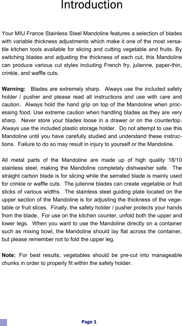 Page 2 of 12 - Miu-France Miu-France-90777-Users-Manual- 90777 MIU Mandoline Manual  Miu-france-90777-users-manual