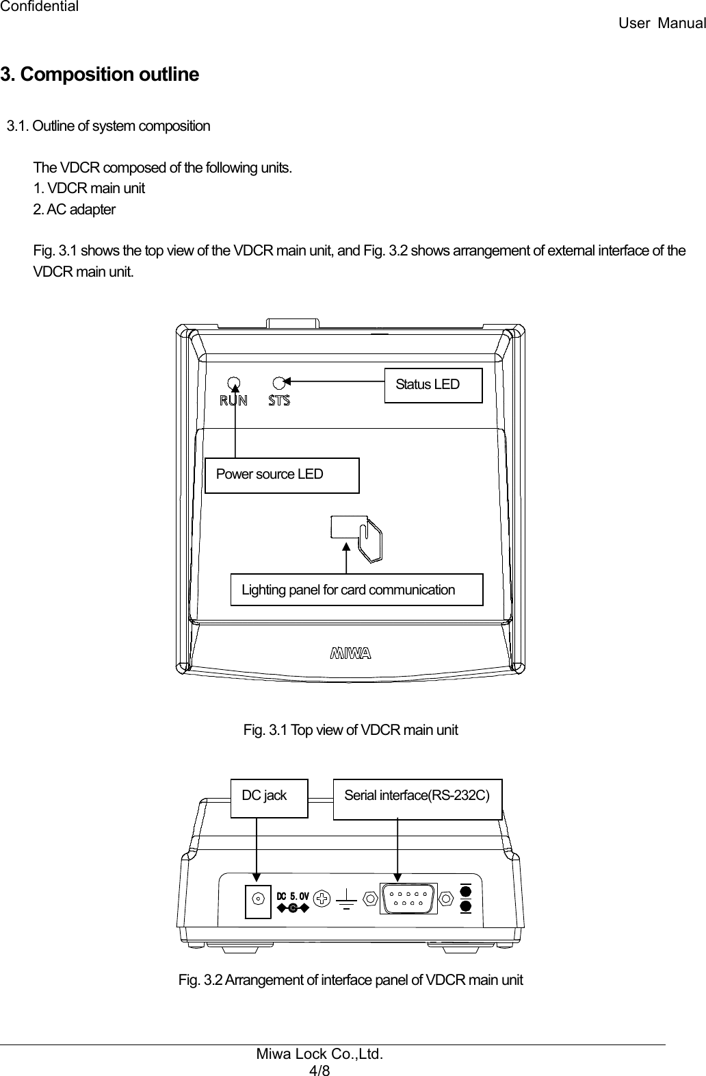 Confidential User  Manual Miwa Lock Co.,Ltd. 4/8   3. Composition outline  3.1. Outline of system composition  The VDCR composed of the following units. 1. VDCR main unit 2. AC adapter  Fig. 3.1 shows the top view of the VDCR main unit, and Fig. 3.2 shows arrangement of external interface of the   VDCR main unit.    Fig. 3.1 Top view of VDCR main unit   DDDDCCCC 5555....0000VVVV Fig. 3.2 Arrangement of interface panel of VDCR main unit Status LED Power source LED Serial interface(RS-232C) DC jack Lighting panel for card communication 