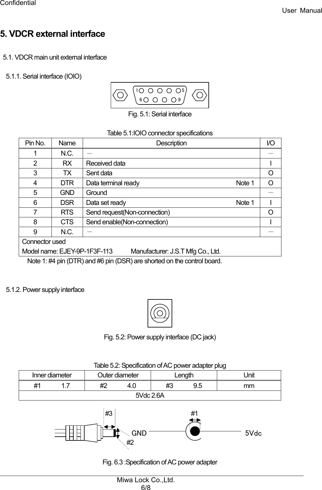 Confidential User  Manual Miwa Lock Co.,Ltd. 6/8   5. VDCR external interface  5.1. VDCR main unit external interface  5.1.1. Serial interface (IOIO) 16 95 Fig. 5.1: Serial interface  Table 5.1:IOIO connector specifications Pin No.  Name  Description  I/O 1  N.C.  －  － 2  RX  Received data    I 3  TX  Sent data    O 4  DTR  Data terminal ready  Note 1 O 5  GND  Ground    － 6  DSR  Data set ready  Note 1 I 7  RTS  Send request(Non-connection)    O 8  CTS  Send enable(Non-connection)    I 9  N.C.  －  － Connector used Model name: EJEY-9P-1F3F-113            Manufacturer: J.S.T Mfg Co., Ltd. Note 1: #4 pin (DTR) and #6 pin (DSR) are shorted on the control board.   5.1.2. Power supply interface  Fig. 5.2: Power supply interface (DC jack)   Table 5.2: Specification of AC power adapter plug Inner diameter  Outer diameter  Length  Unit #1  1.7  #2  4.0  #3  9.5  mm 5Vdc 2.6A   5VdcGND Fig. 6.3 :Specification of AC power adapter #1 #2 #3 