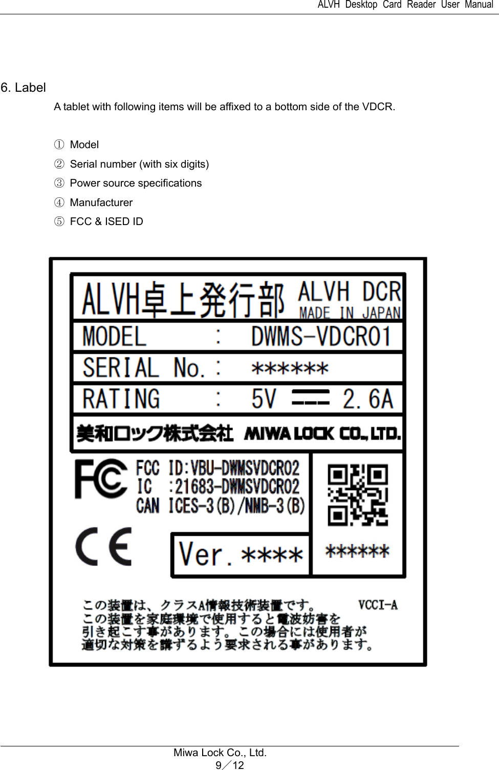 ALVH Desktop Card Reader User Manual  Miwa Lock Co., Ltd. 9／12    6. Label A tablet with following items will be affixed to a bottom side of the VDCR.  ① Model      ② Serial number (with six digits)      ③ Power source specifications      ④ Manufacturer      ⑤ FCC &amp; ISED ID                                 